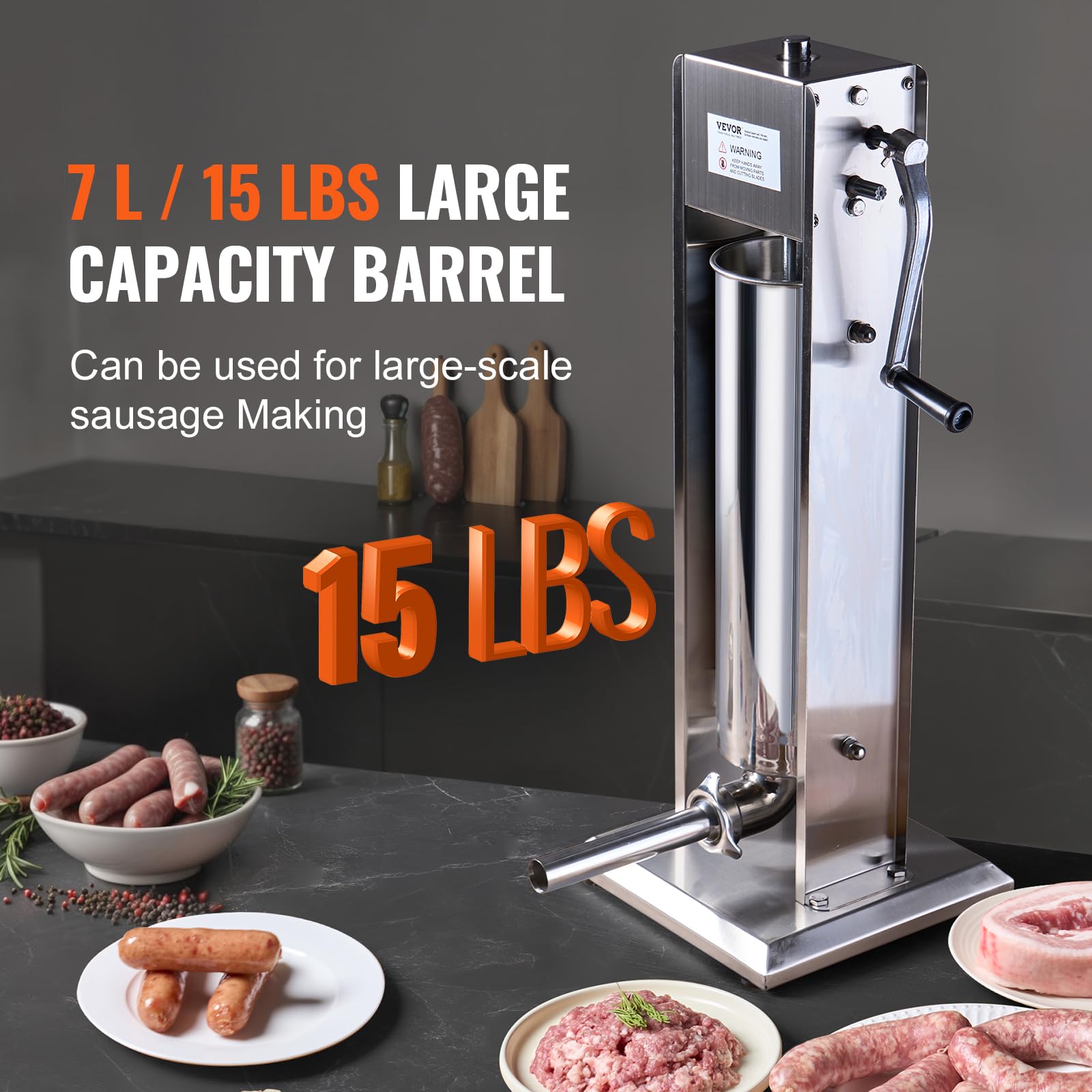 VEVOR Insaccatrice Manuale per Salsicce 7 L Macchina per Salsicce Verticale a Doppia Velocità, Realizzata in Acciaio Inossidabile 304 per Uso Alimentare, 5 Tubi di Ripieno, per Cucina, Ristorante