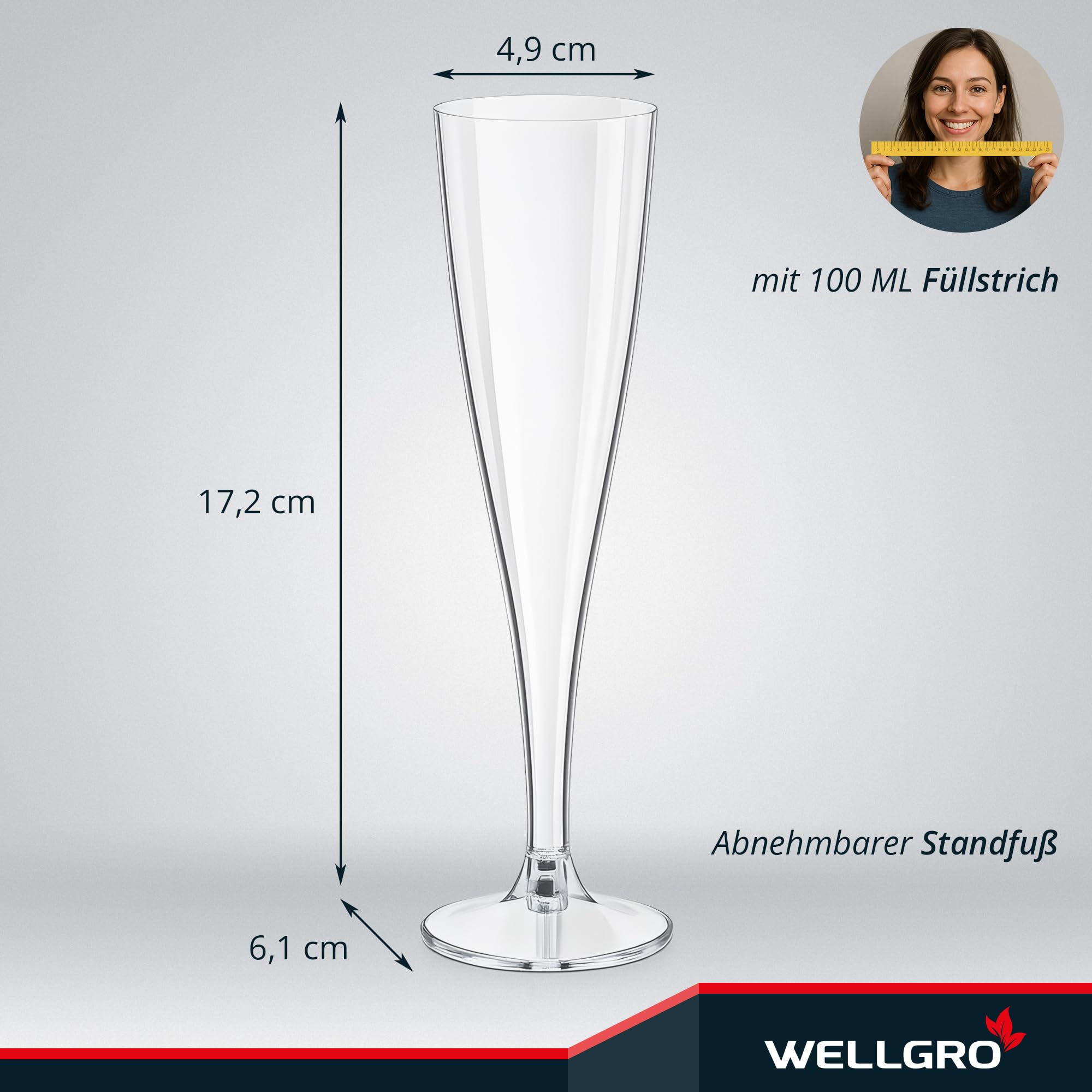 WELLGRO Lot de 60 flûtes à champagne en plastique 100 ml avec trait repère transparent sans BPA réutilisables Champagne Prosecco