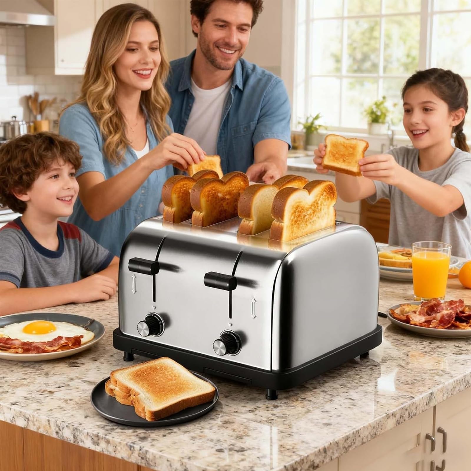 4-częściowy komercyjny toster, 1800W wysoka wydajność z 6 stopniami brumienenia, 1,57" extra szerokie szczeliny/wyjmowana taca na okruchy, na bajgle, tosty i pieczywo