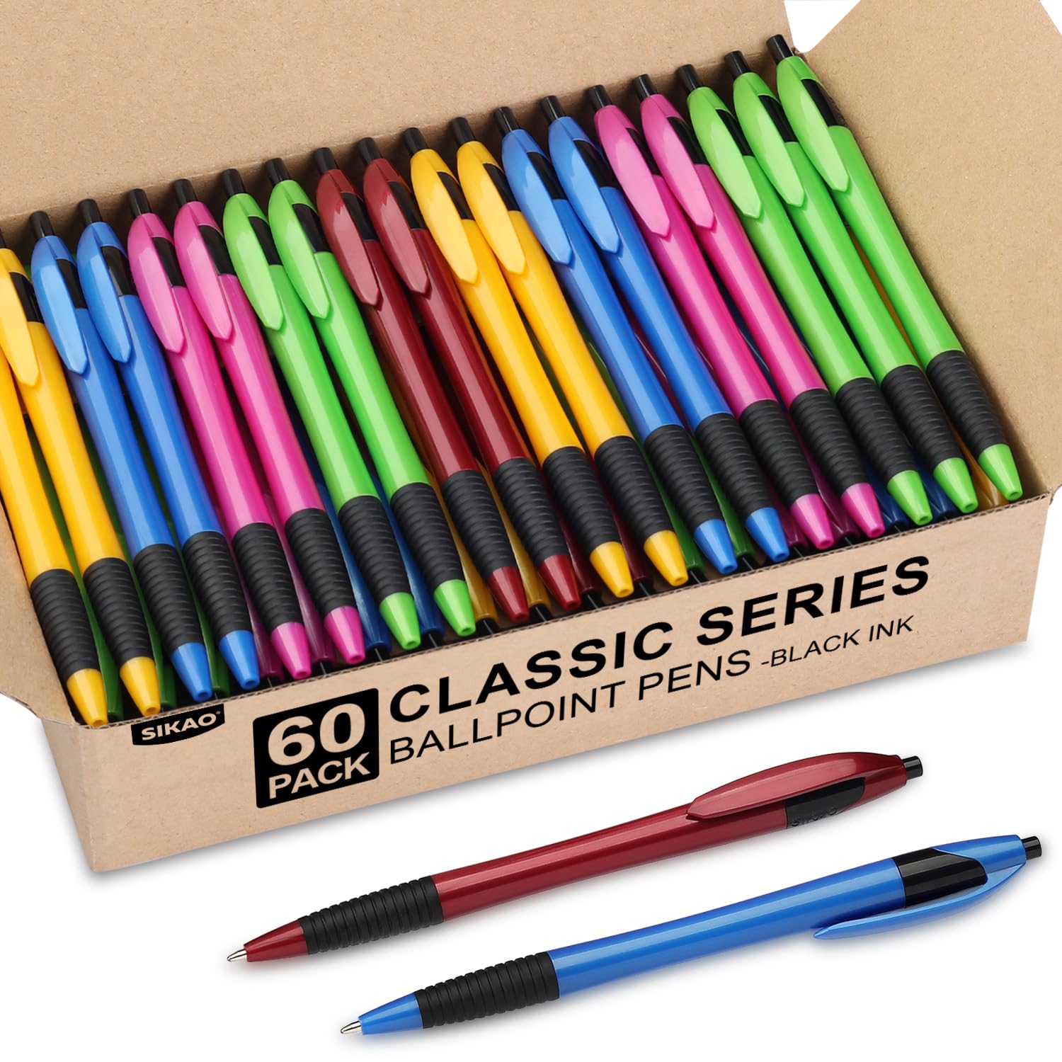 Pens Bulk, 60 Pack Gripped Slimster Ballpoint Pens Black Ink 1.0mm Medium Point Smooth Writing, Click with Comfort Grip for Teachers, Students, Restaurant Servers, School & Office Use