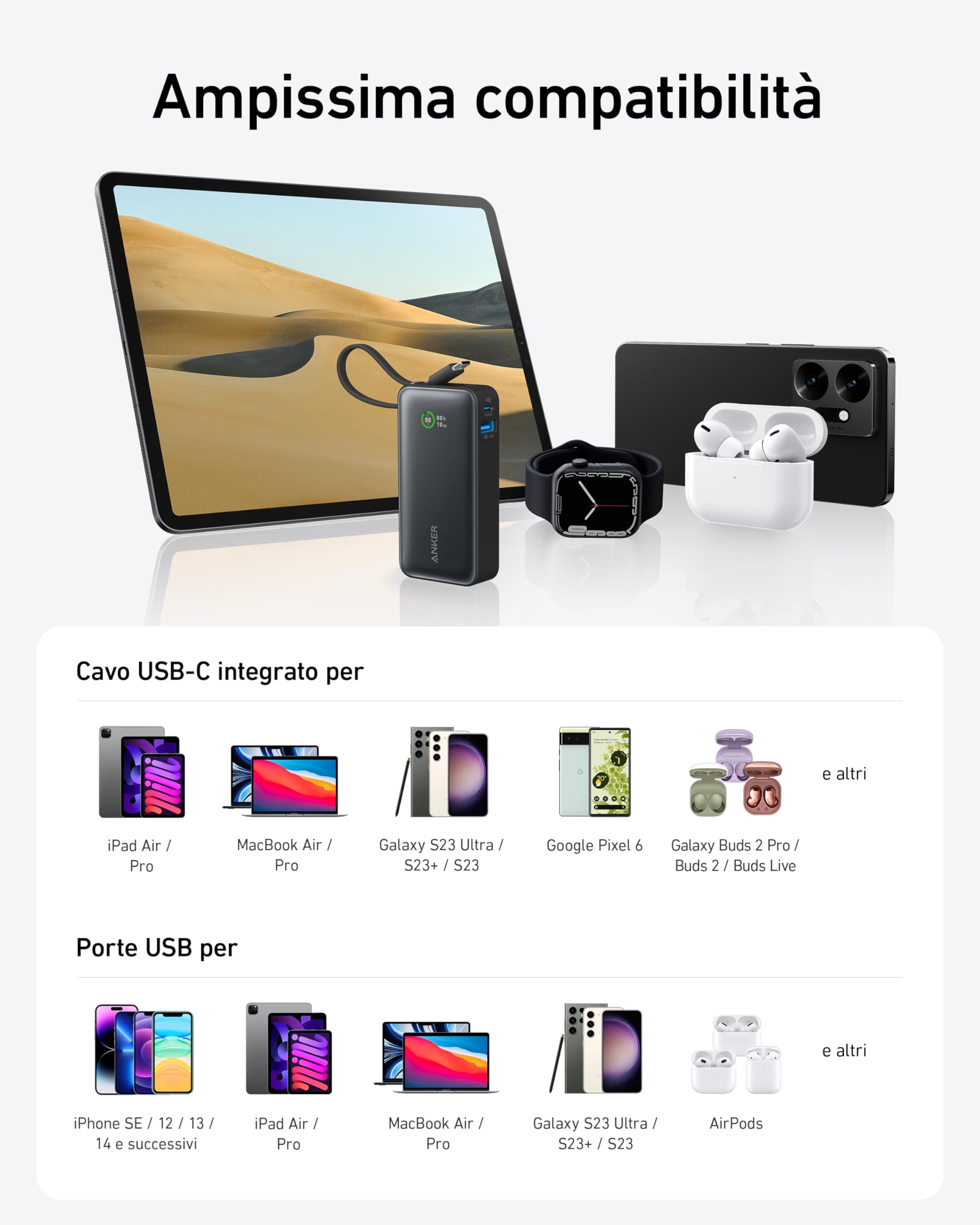Anker Nano Power Bank Ricarica Rapida, 10000 mAh, con Cavo USB-C Integrato, PD 30 W, Potenza Massima con 1 USB C 1 USB-A, Compatibile con iPhone 17 pro max/16, MacBook, Samsung, iPad e Molto Altro