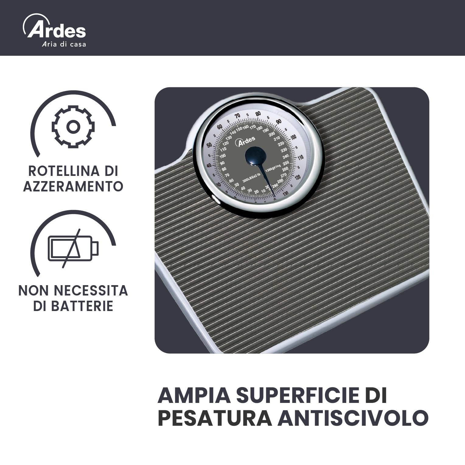 ARDES - AR2PP2M Pèse-Personne Mécanique Sans Piles Style Vintage avec Tapis Antidérapant - Poids en Kilos et en Livres