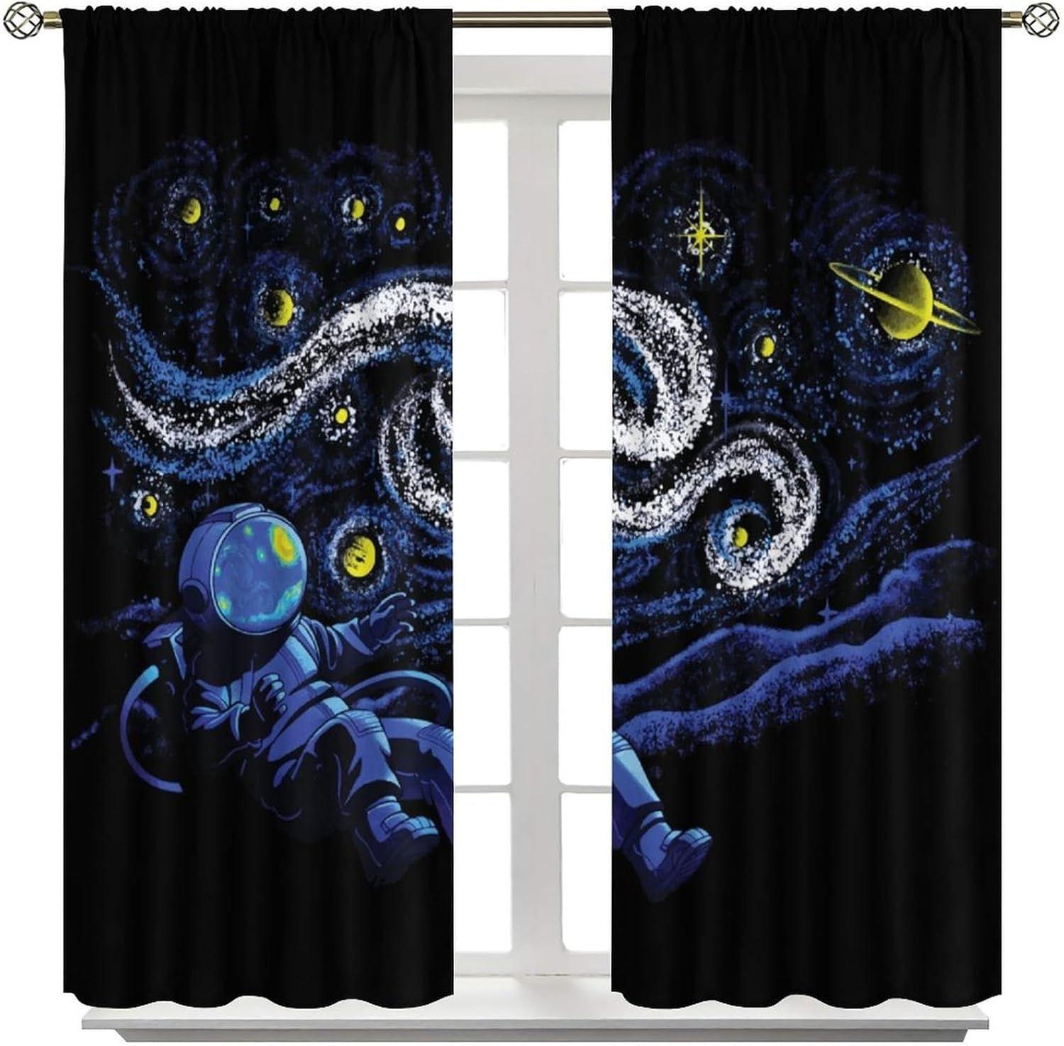 Artistic Starry Night Astronaut Curtain Set Space Galaxy Funny Printed Rod Pocket Blackout Window Treatments for Kids Boys Living Room Bedroom Decor 42" W X 45" L