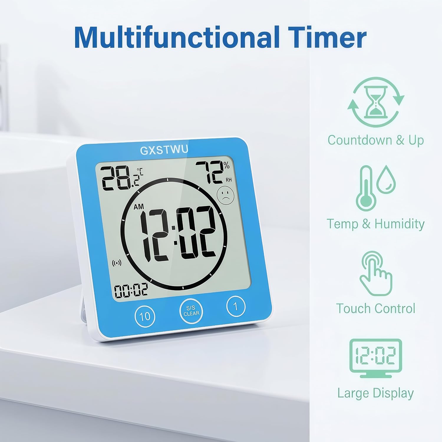 Digital Shower Clock, Bathroom Timer Clock, Waterproof for Water Spray, Count Up Count Down Alarm, Touch Screen Timer, Temperature Humidity, Wall Clock Magnet, Suction Cup, Hanging, Stand Blue
