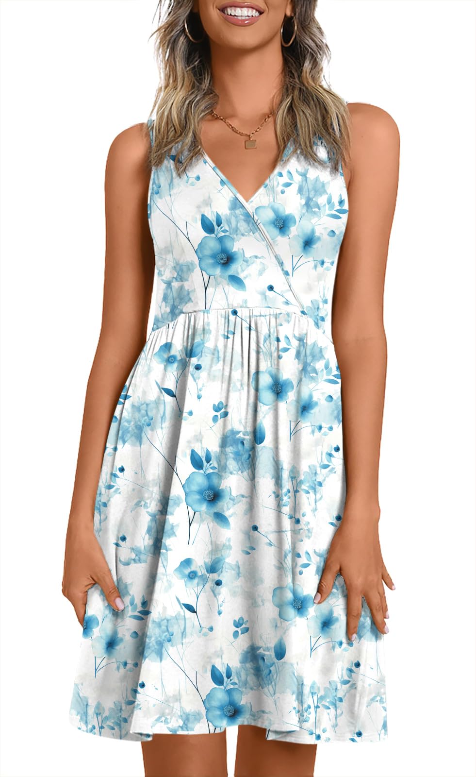 CATHY Women V Neck Sleeveless Dresses with Pockets Summer Sundress S-2XL