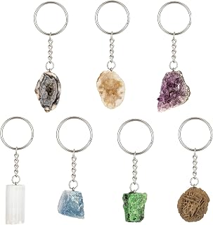 7-Piece Natural Crystal Raw Stone Keychain Set, Stainless Steel Gemstone Key Rings for Keys, Bags & Gifts with Amethyst, Agate Geode, Selenite, Desert Rose, Celestite & Ruby Zoisite