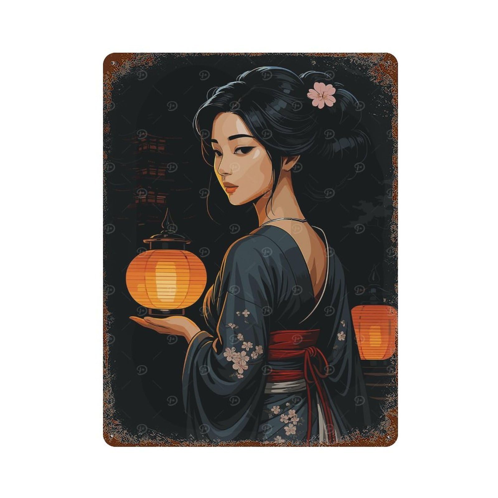 Vintage Rust Metal Sign with Geisha with Lanterns Design 15.7"x11.8", for Farmhouse, Kitchen And Entryway Decor, Novelty Wall Decor