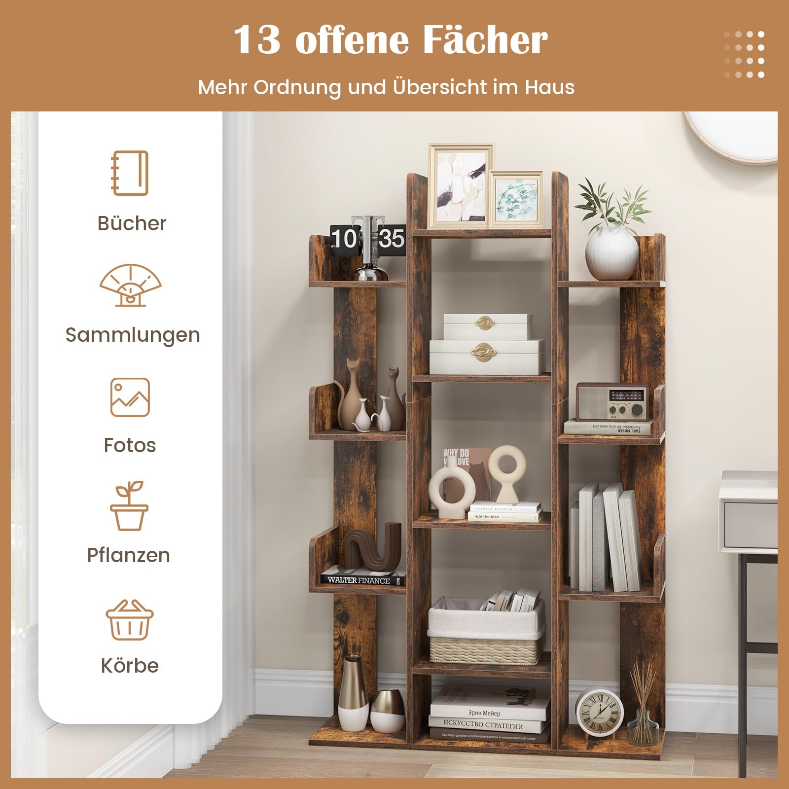 Boekenkast met 8 rechthoekige vakken en in hoogte verstelbare plank, 180 cm hoge staande houten opbergplank, displayplank voor woonkamer, slaapkamer, studeerkamer, wit | NL
