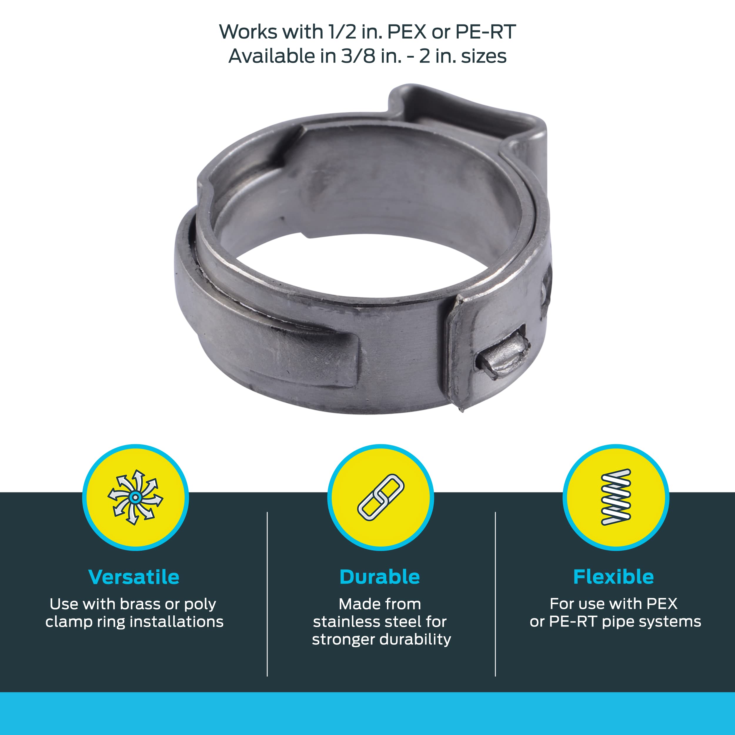 SharkBite 1/2" Klemmring, 100 Stück, Edelstahl-Sanitärarmatur, PEX-Rohr, PE-RT, UC953CP100