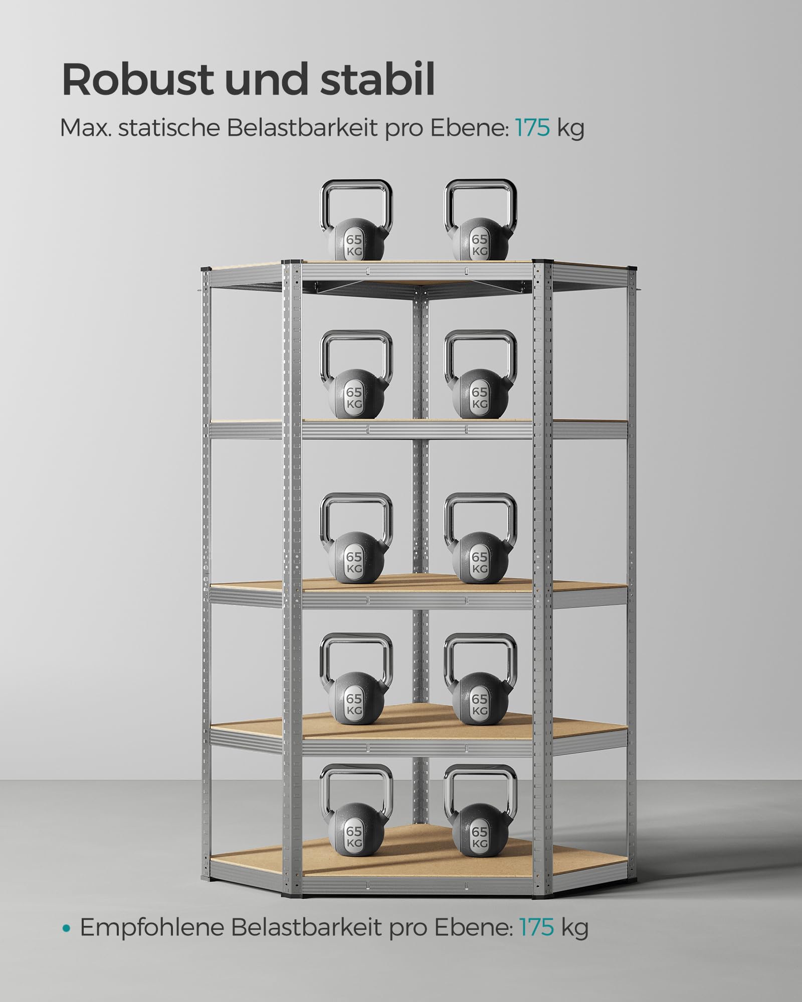 SONGMICS Eckregal 5 Ebenen, Schwerlastregal, Metall, Lagerregal für Garage, Abstellraum, Kellerregal, 1er Set（180 x 70 x 40 x 43 cm bis 875 kg belastbar, silbern-naturbeige GLR080E01