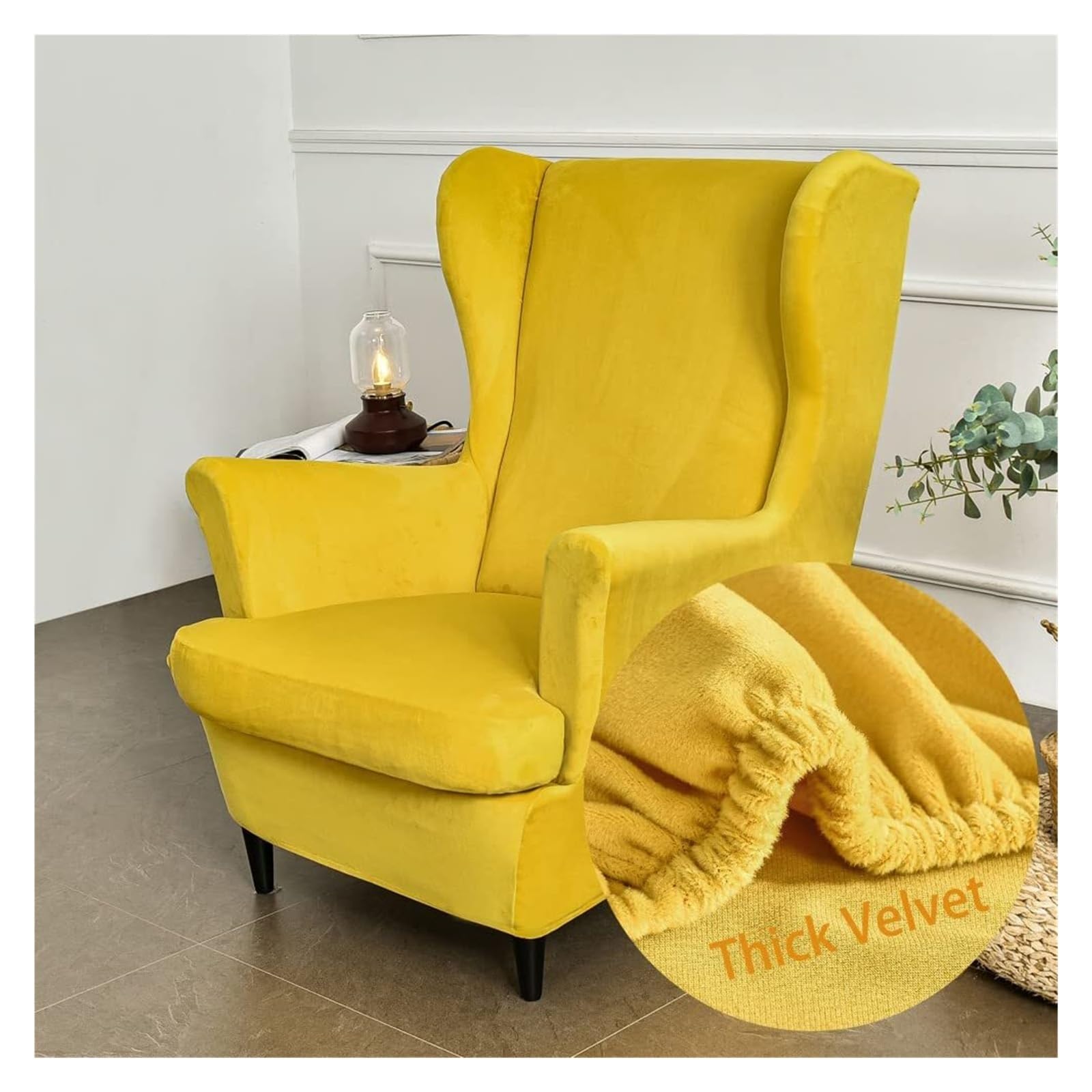 WJHDWYD 2-Piece Stretch Velvet Wingback Chair Cover Armchair Cover with T-Cushion Cover, Solid Color Fashion Non-Slip Armchair Cover for Strandmon,Bedroom(Curcuma)