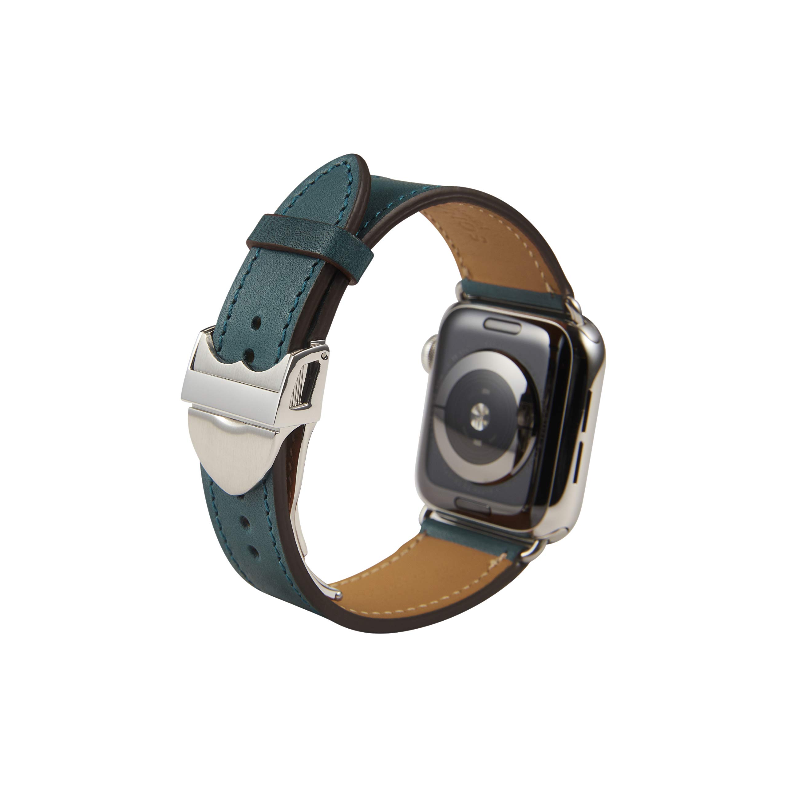 French Full Grain Premium Leather Strap Compatible with Apple Watch Band, Automatic Stainless Steel Clasp