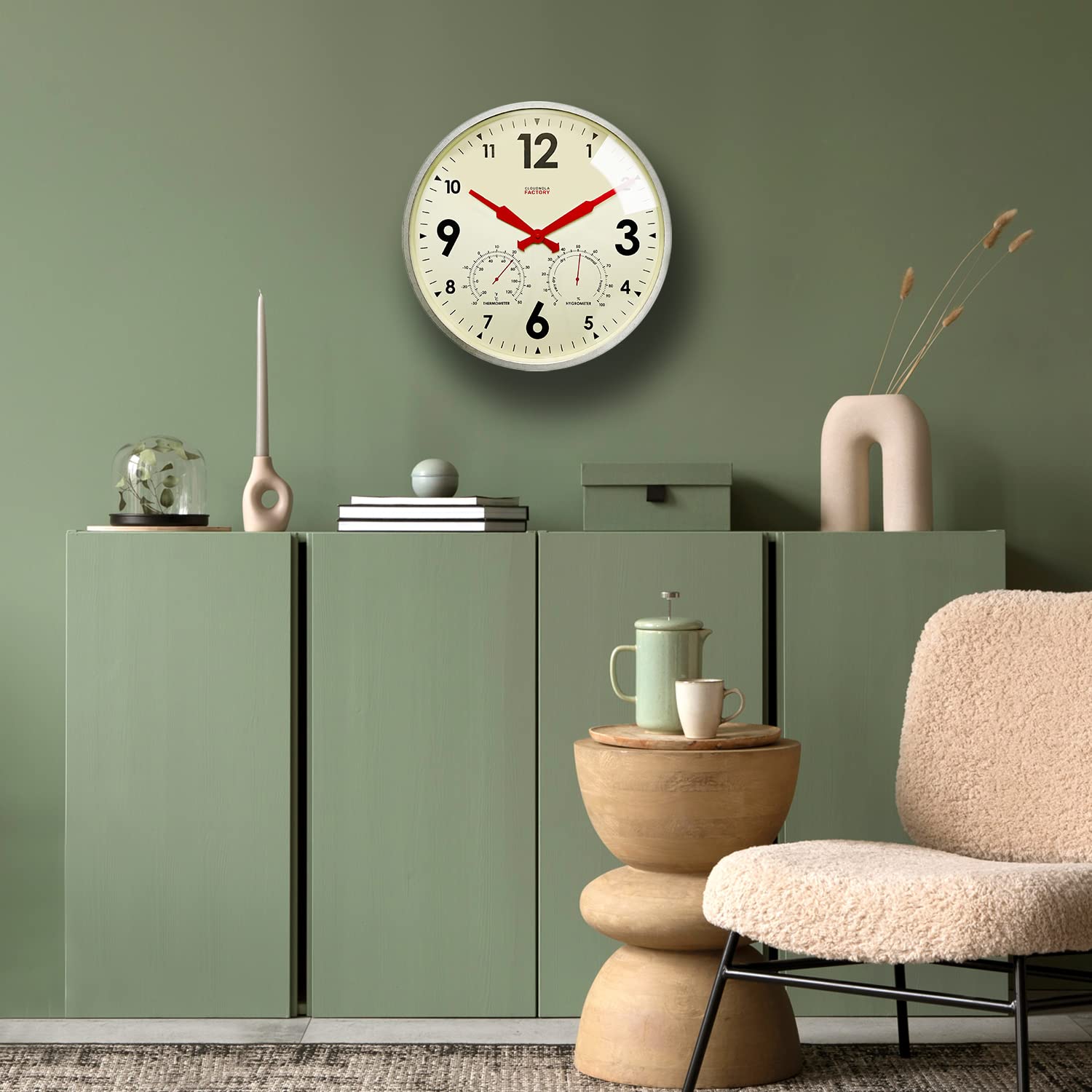 Cloudnola Horloge Murale en métal étanche pour intérieur et extérieur avec thermomètre et hygromètre, Zinc Gris, 45,7 cm, silencieuse, sans tic-tac