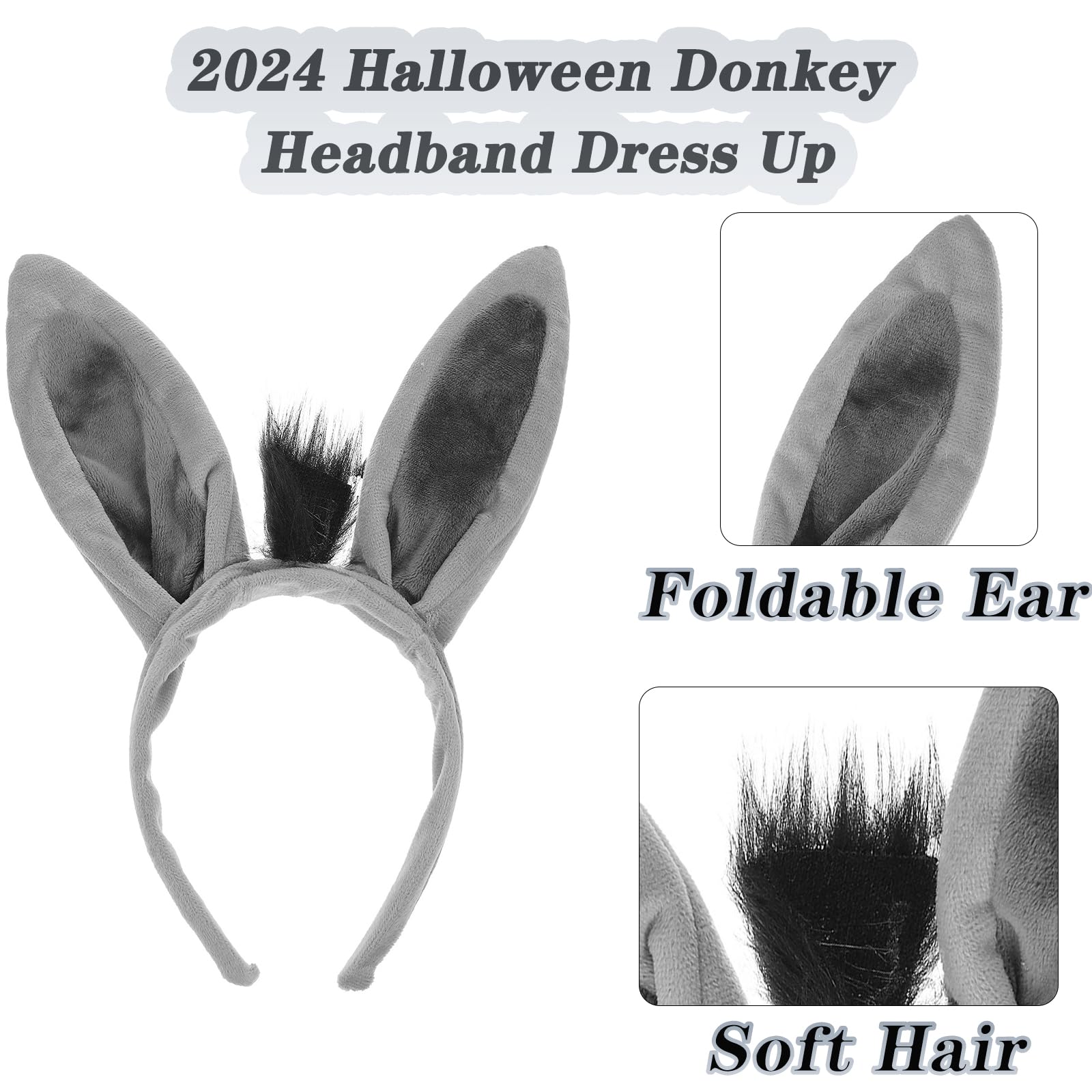 KOKOWOO Cute Plastic Donkey Ears Headband, Gray, Costume Headband for Halloween, Cosplay Party, Birthday, Accessories, All Ages, Female