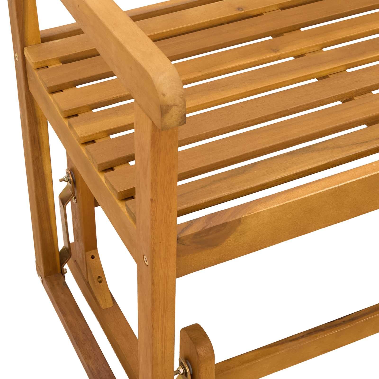 Banco de jardín rústico de madera maciza de acacia, 110 x 59 x 97 cm, con reposabrazos planos y patas de poste estables para un agarre seguro, superficie aceitada, fácil de limpiar.