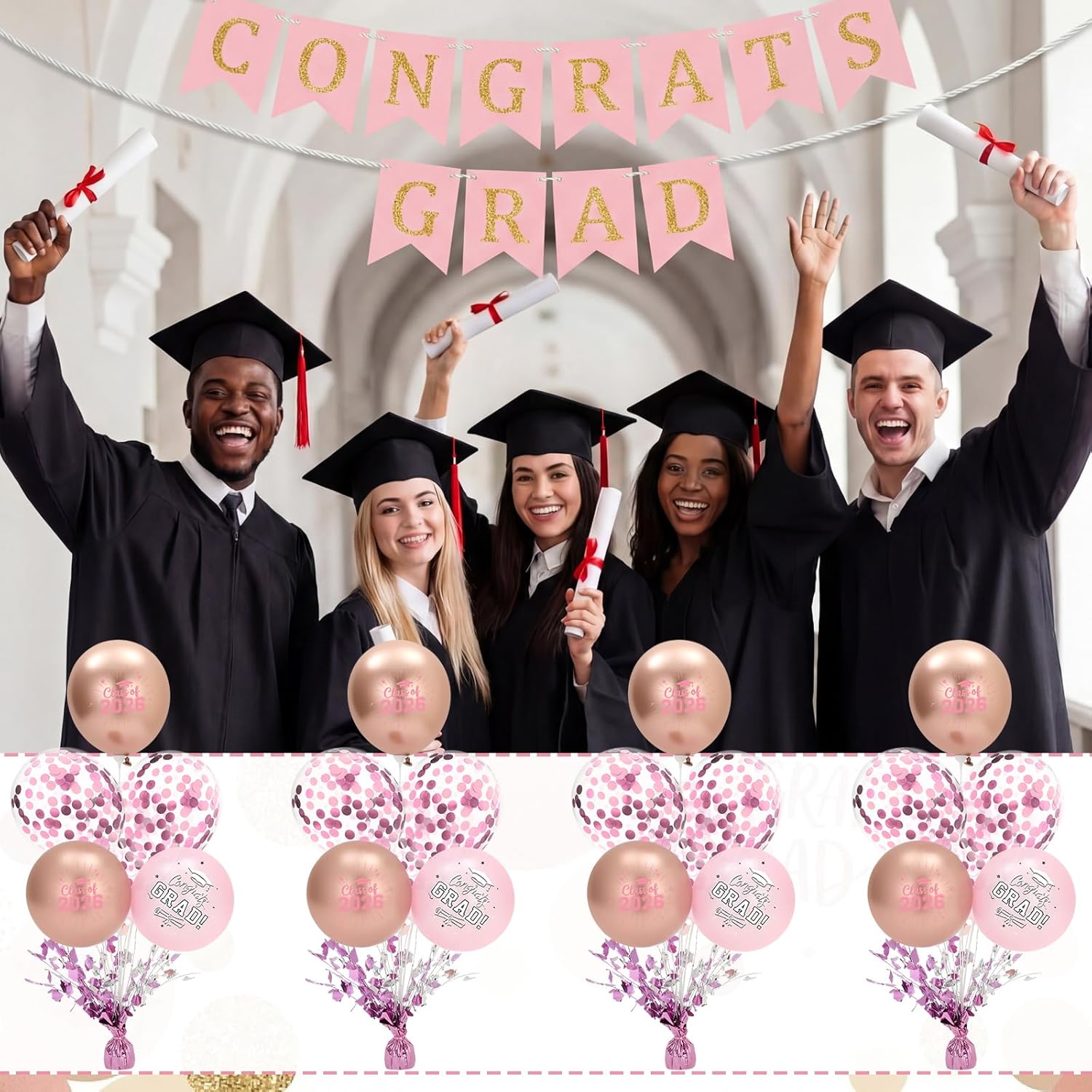 4 Set Pink and Gold 2026 Graduation Table Centerpiece Party Decoration Metallic Foil Spray Centerpiece Glitter Balloon Stand Kit Table Decor for Graduation Party with Grad Caps