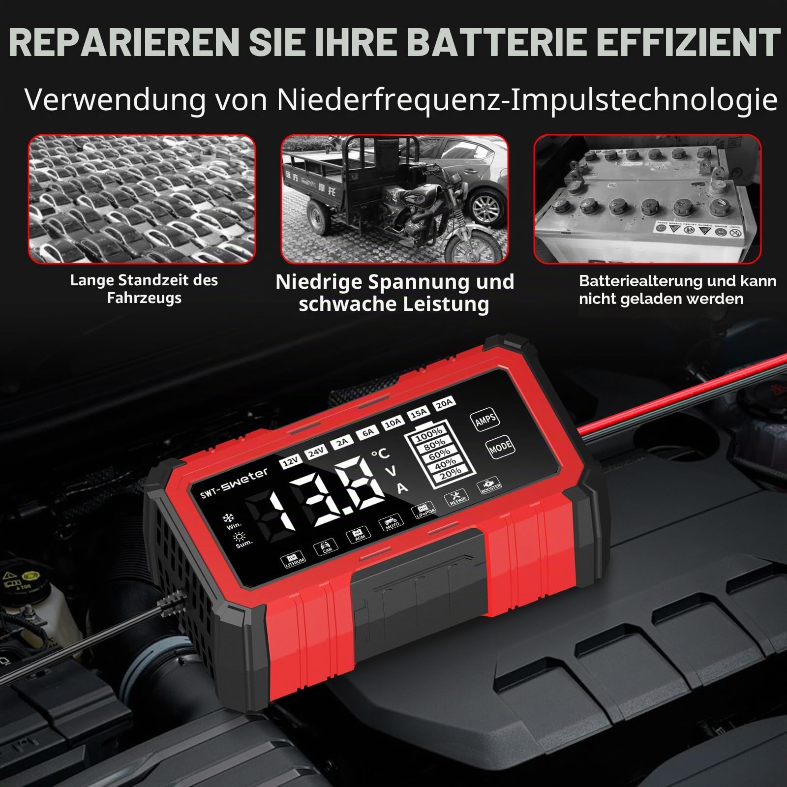 20A Autobatterieladegerät, 12V/24V Lifepo4 Blei-Säure Ladegerät, Intelligentes Erhaltungsgerät für AGM, Auto, Motorrad, Boot, Wohnwagen