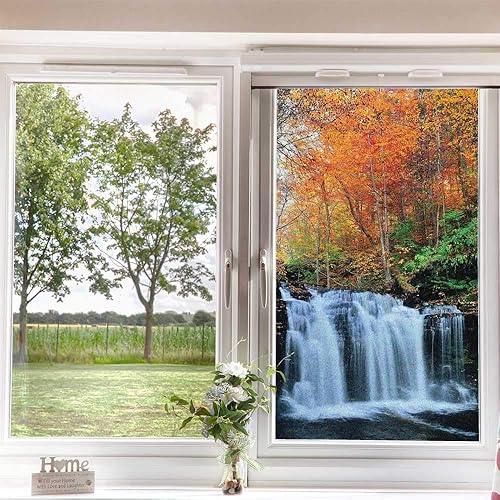 Miniatura 4 de Película de privacidad esmerilada en cascada para ventana, cascadas en temporada de otoño, parque natural con árboles de follaje coloridos, película