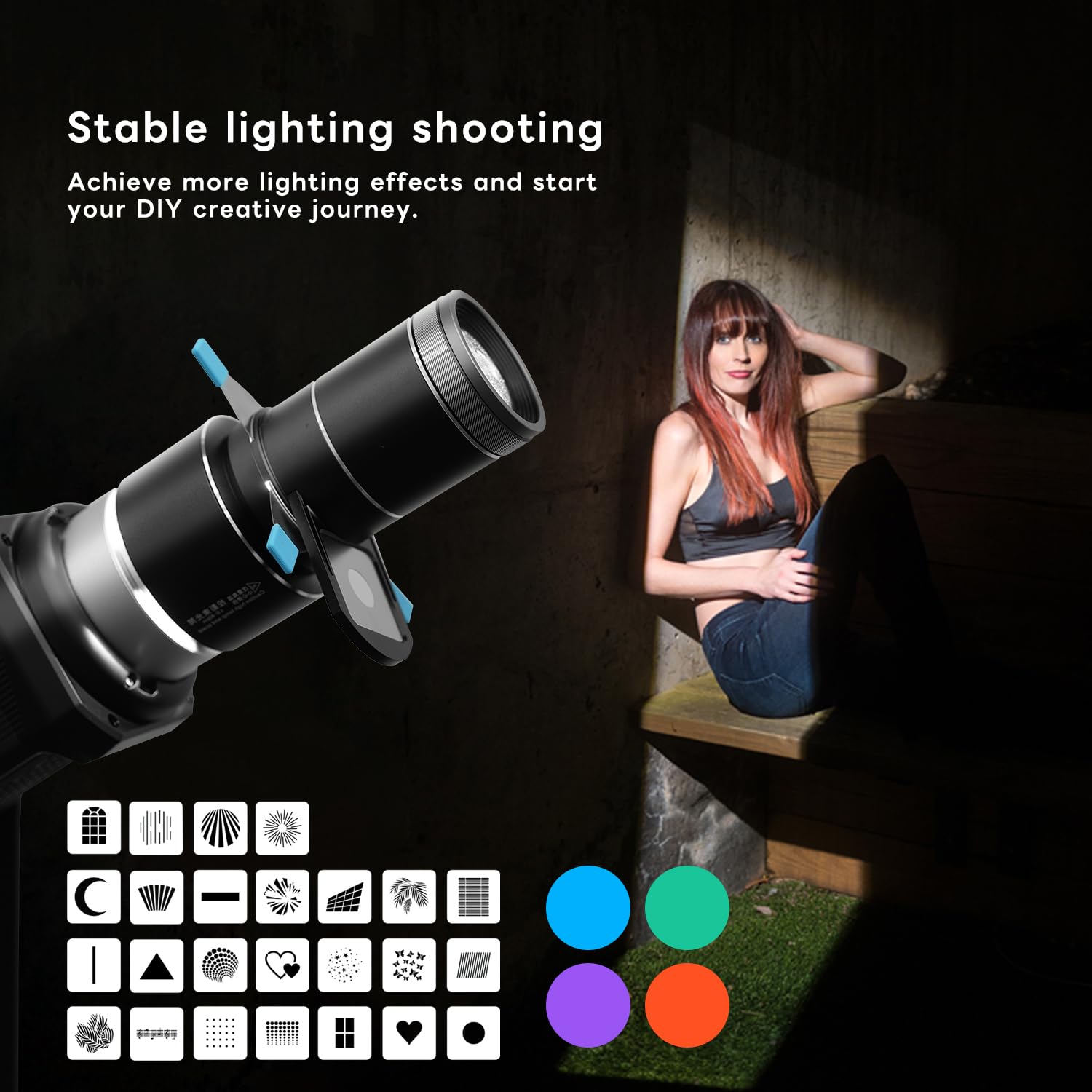 Snoot à Monture Bowens, kit de snoot Optique pour Portraits monoblocs/éclairage LED, Compatible avec Aputure Amaran 60D/100X/D 200D/X,Storm 400x Godox SL60, 4 filtres Couleur, 25 gobos.