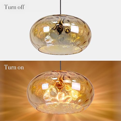 Miniatura 3 de Lámpara colgante grande de cristal, pantalla martillada de 14 pulgadas, lámpara colgante de 3 luces de latón dorado para comedor, sala de estar,