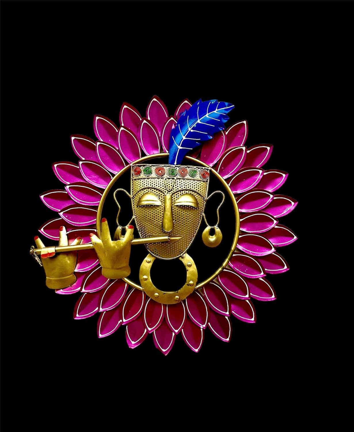 RSN Retro Style Metal Handpainted Rustic Iron Wall Hanging of Krishna in Pink Flower Art Sculpture for Home Office Wall Decor/Wall Hanging (23 x 23 Inches) 2