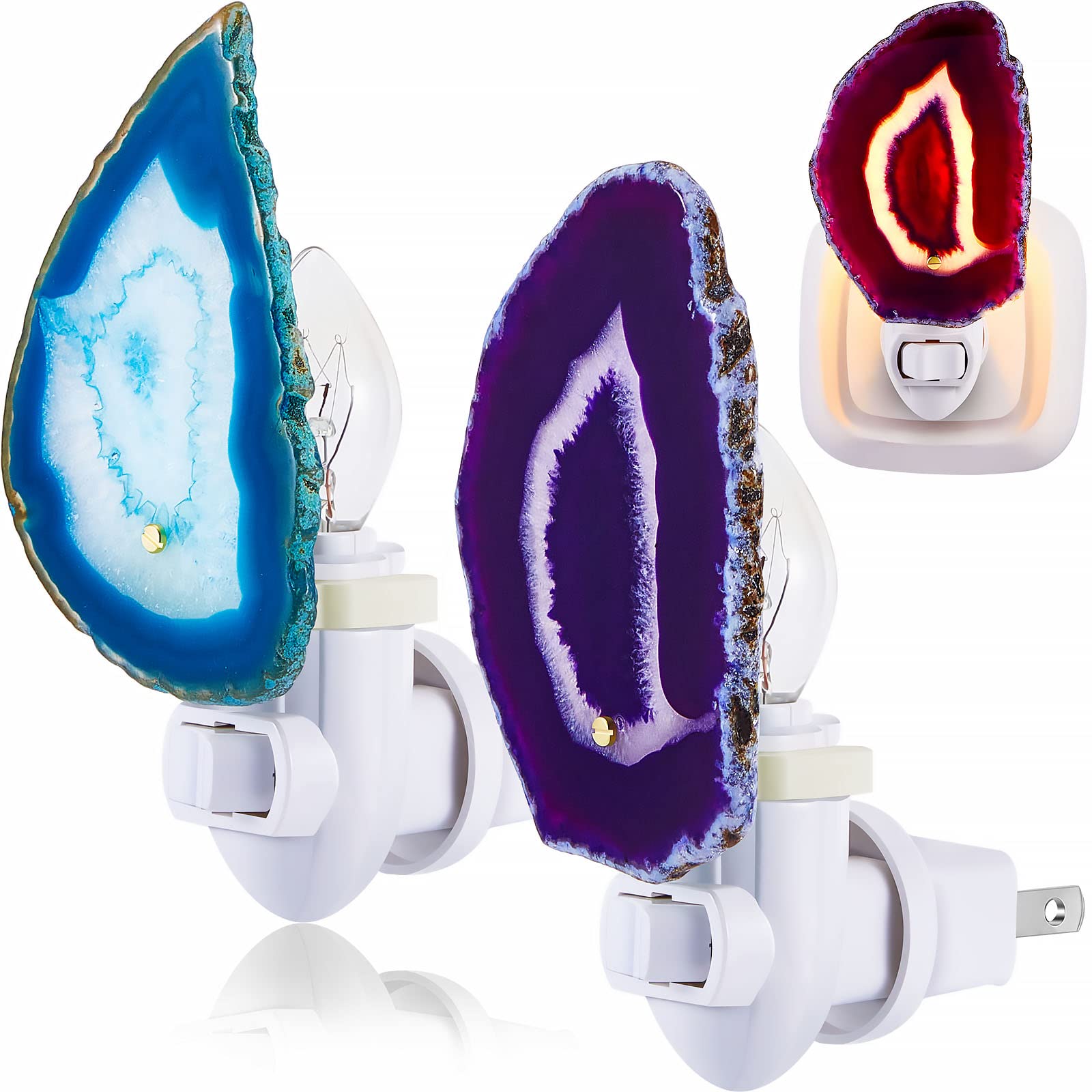 Funtery 2 Pcs Agate Night Light Agate Slice Light Crystal Nightlight Plug into Wall with Switch Crystal Lamp LED Hallway Stairways Home Decor for Toilet Kitchen Bedroom, Blue Purple