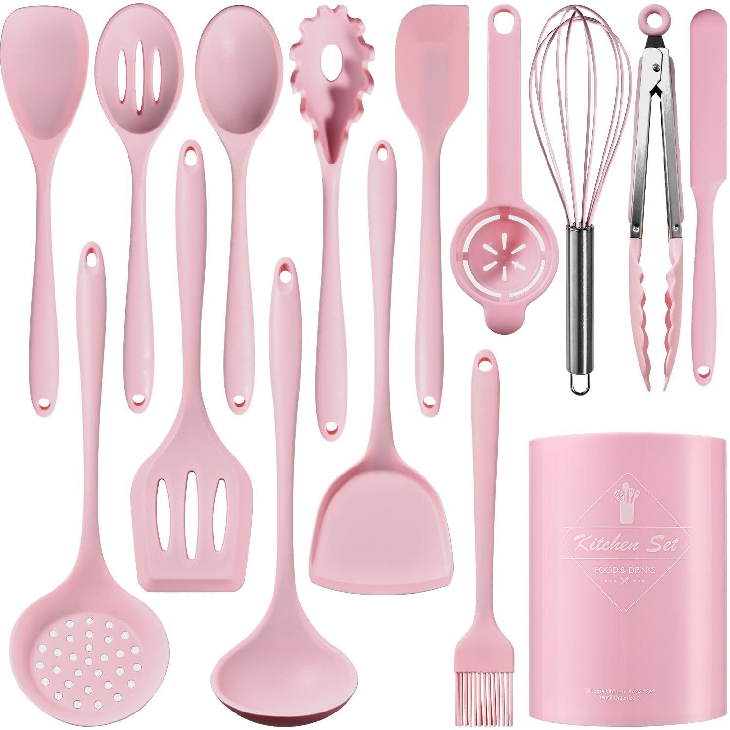 Silicone Kitchen Utensils Set - 15 Pieces Non Toxic Silicone Utensils Set For Cooking?428°F Heat Resistant Food Grade Kitchen Tools?Dishwasher Safe (Pink, 15 Piece Set)