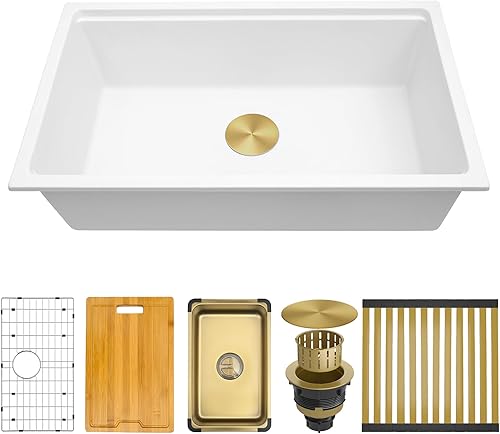 Miniatura 27 de Fregadero de barra blanco para montaje inferior, fregadero de barra compuesto pequeño de 16 x 18 pulgadas, fregadero de granito para cocina y bar