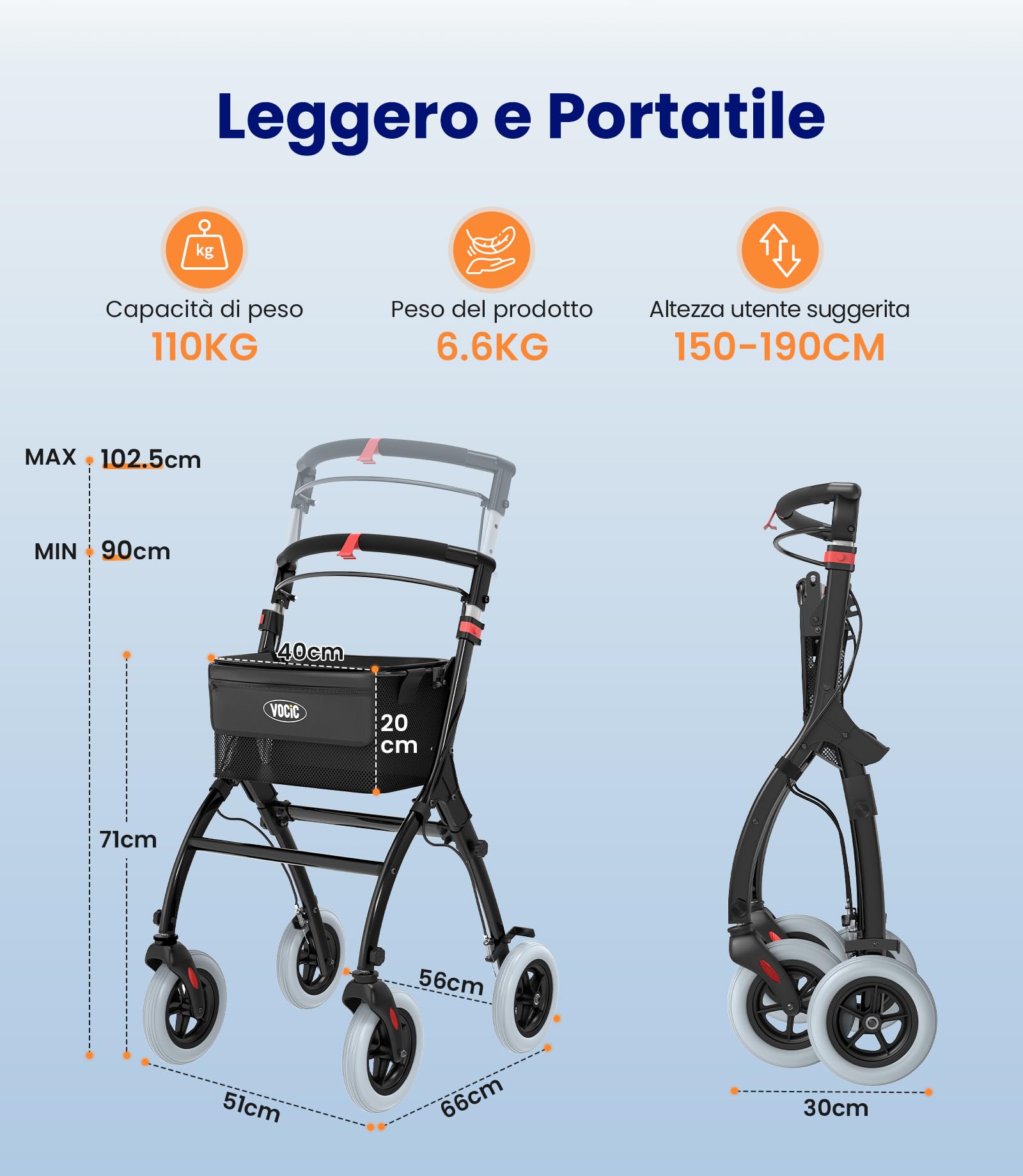 VOCIC Z32 Deambulatore sottile per casa, deambulatore interno pieghevole e leggero, stabile rollator con spuer pneumatici antiscivolo silenziosi, deambulatori per anziani pieghevole vassoio, nero
