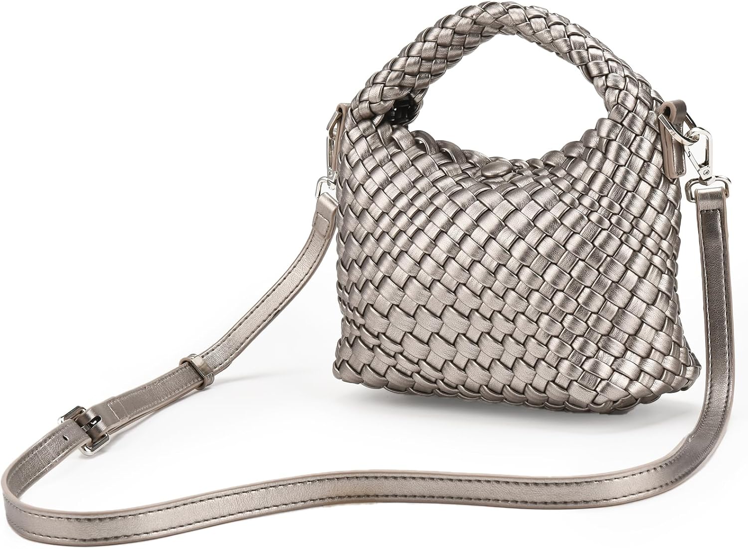 Woven Crossbody Bag for Women, woven purse Leather handbag mini Hobo Bag (Silver grey) - Image 3