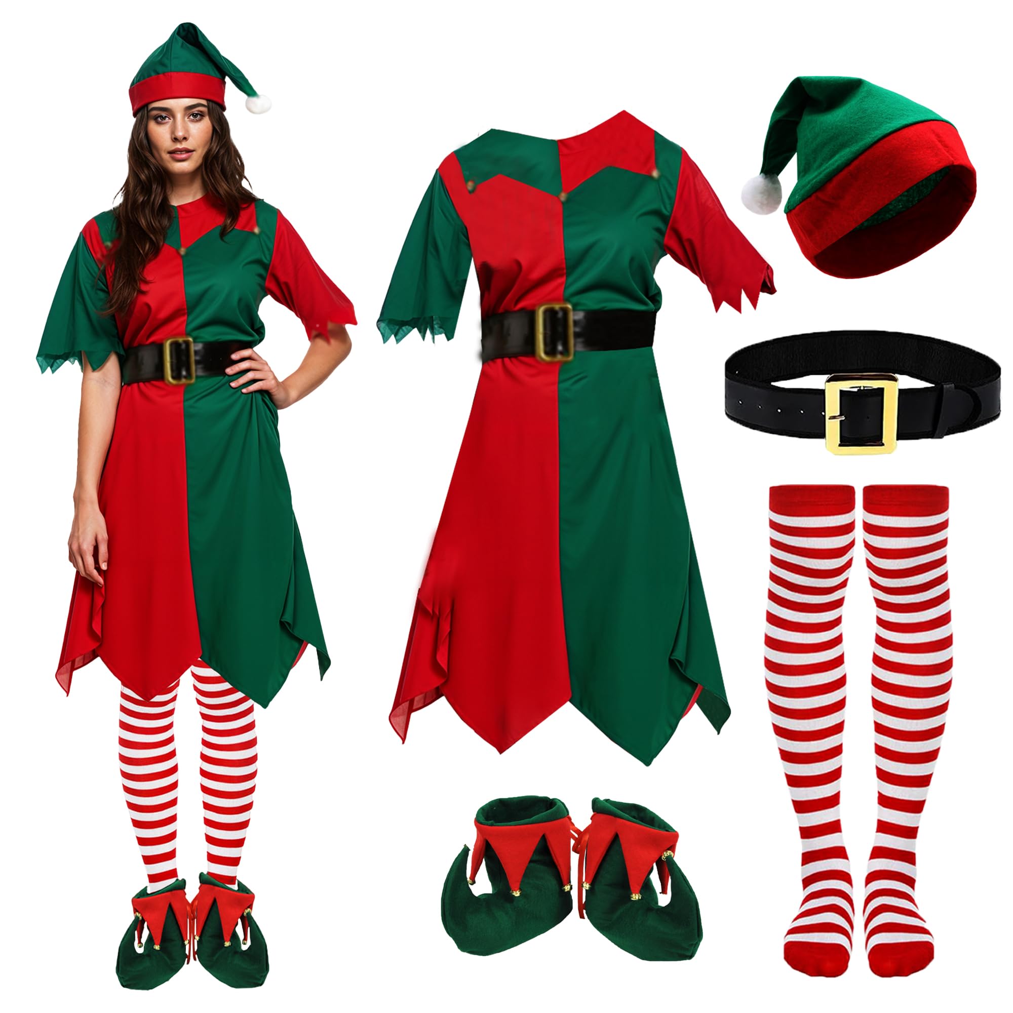 Mini-Elfenhut Stirnband Für Damen – Grün-rot Gestreift, Mit Schelle, Für Weihnachtsfeiern & Kostümpartys