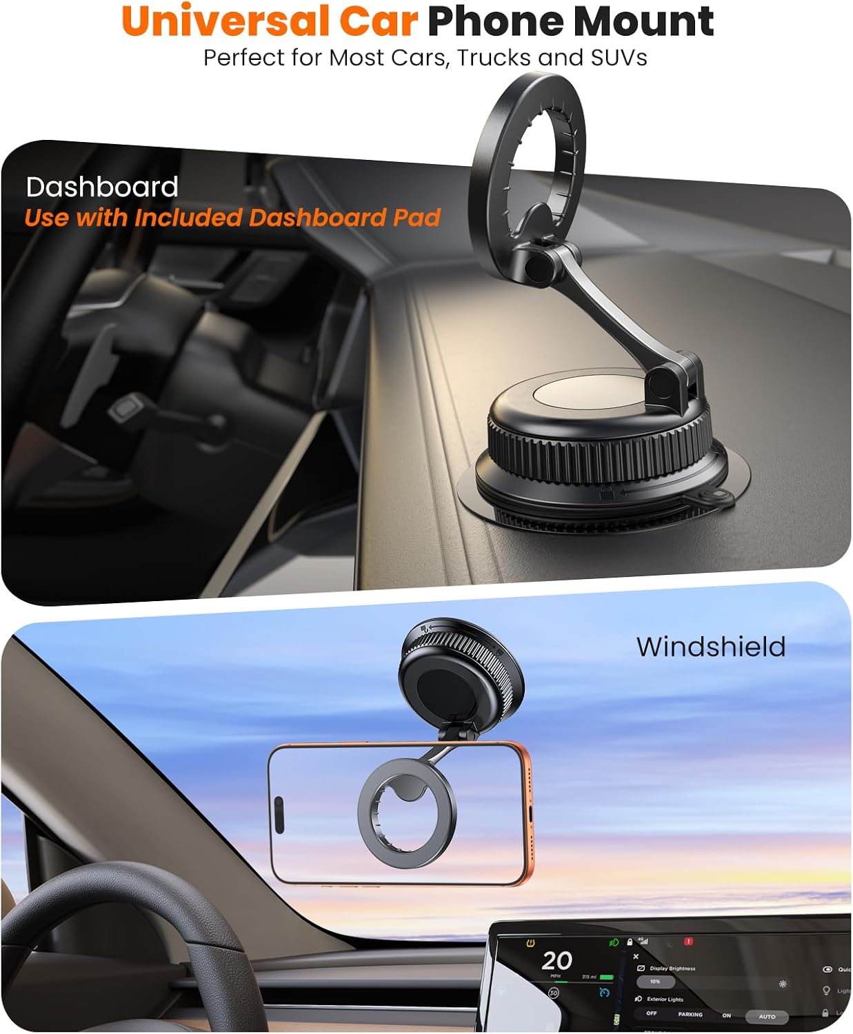 Vacuum Car Phone Holder for MagSafe, No-Glue Suction Cup Mount with Dashboard Pad, Reinforced Zinc Alloy Hinge, 360° Rotatable Foldable Cell Phone Holder for iPhone 17 16 15 14 13 12 Series
