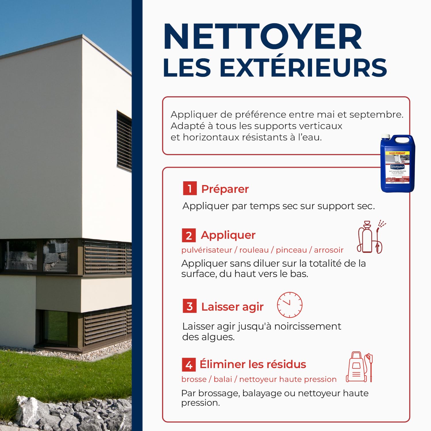STARWAX Traitement anti-algues rouges prêt à l'emploi pour murs et façades 6L, élimine les dépôts biologiques en profondeur, action dès 24h même sous la pluie, sans javel et sans rinçage, ne tache pas