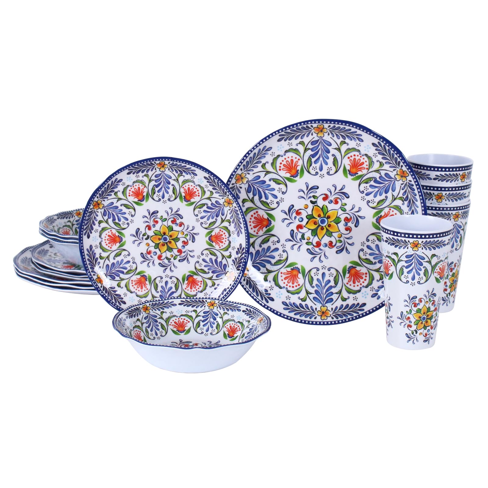 Juego de vajilla de melamina para 4-16 piezas: juego de platos de camping con platos llanos, platos de ensalada, tazas y cuencos. Ligero e irrompible, uso en interiores y exteriores, flor28