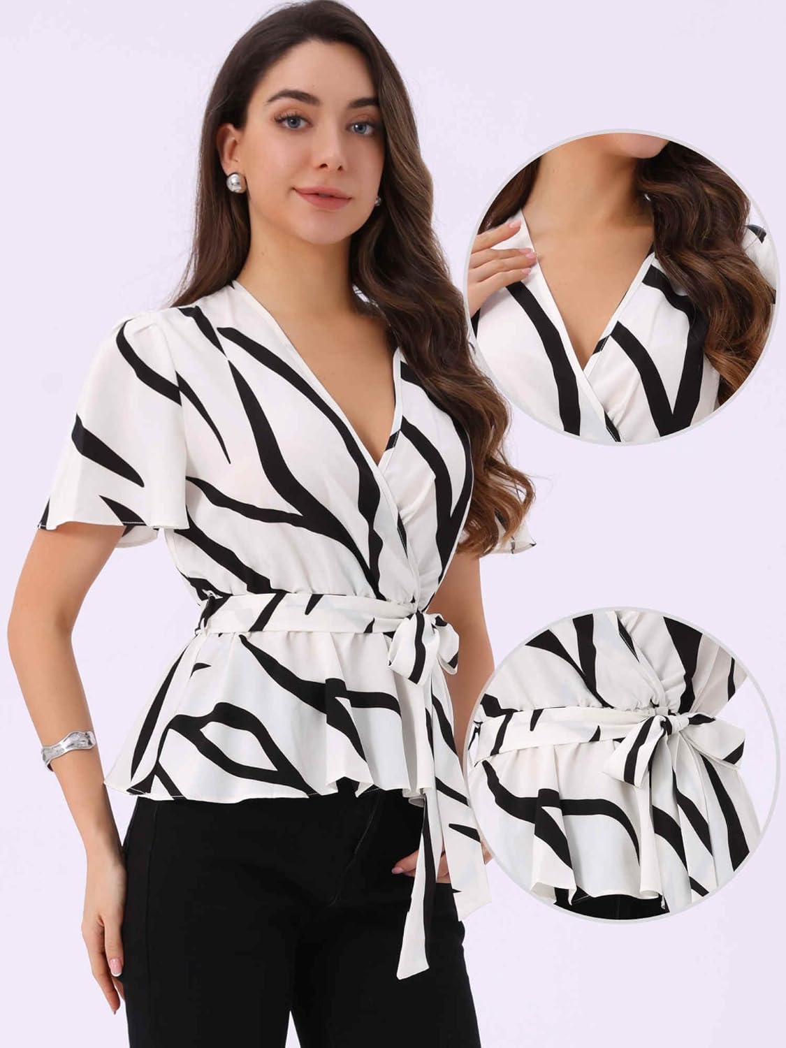 Allegra K Printed Peplum Top for Women's Flutter Sleeves Elastic Waist Belt Wrap V Neck Blouse - Image 2