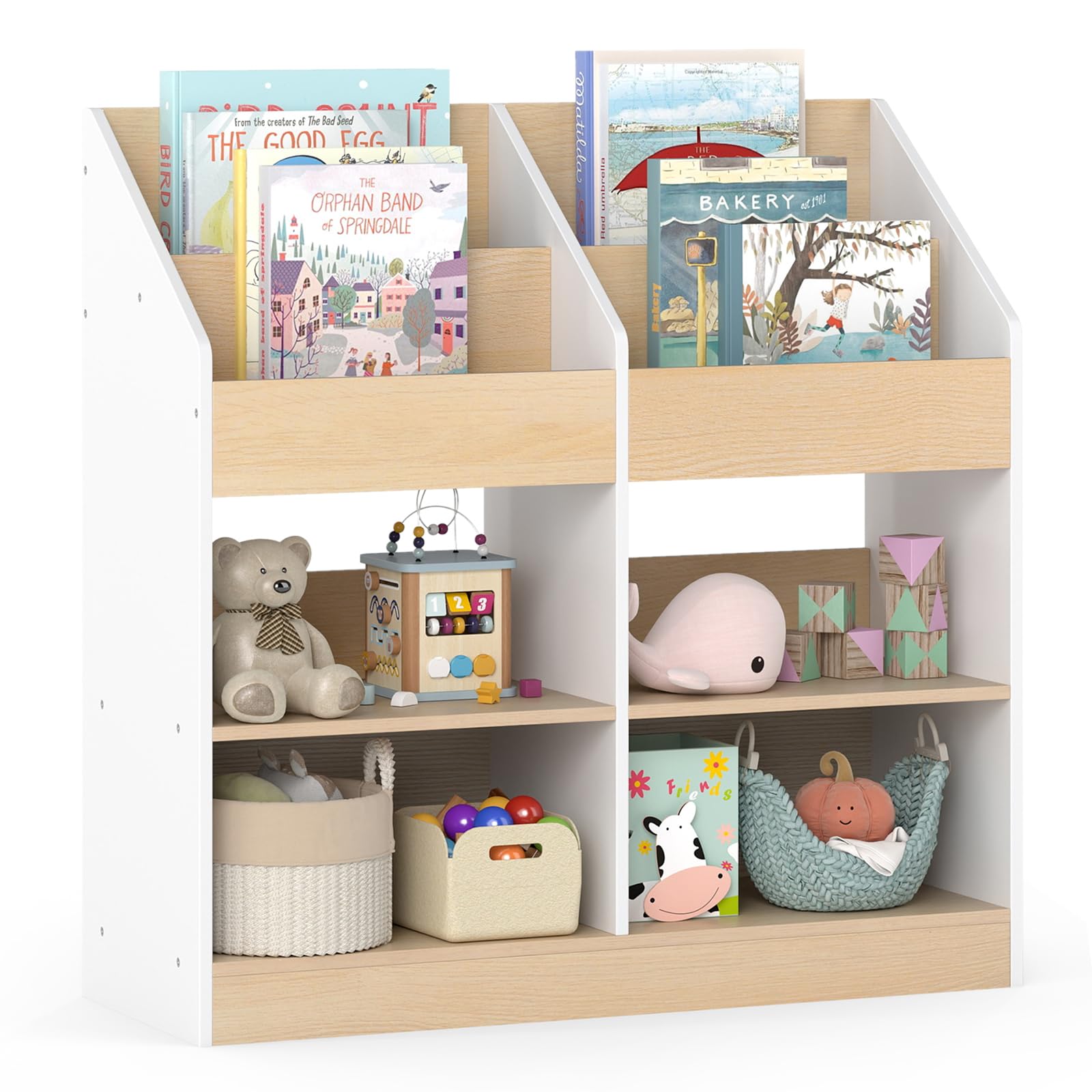 COSTWAY Bibliothèque Enfant en Bois avec 4 Cubes et 4 Compartiments Ouvertes, Étagère à Livres Enfant avec Kit Anti-basculement, Organiseur de Jouets pour Salle de Jeux Crèche