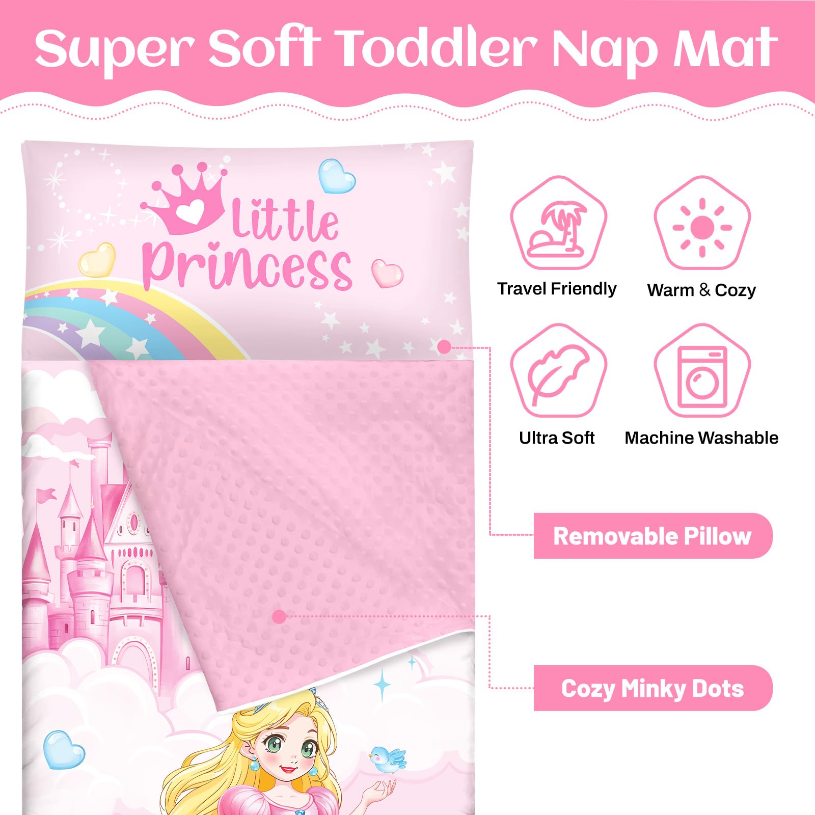 Saco de Dormir para Niños con Almohada, Tapete de Siesta para Niños y Niñas, Cálido Saco de Dormir de 150 x 60 cm, Tapete de Dormir Enrollable con Doble Cremallera