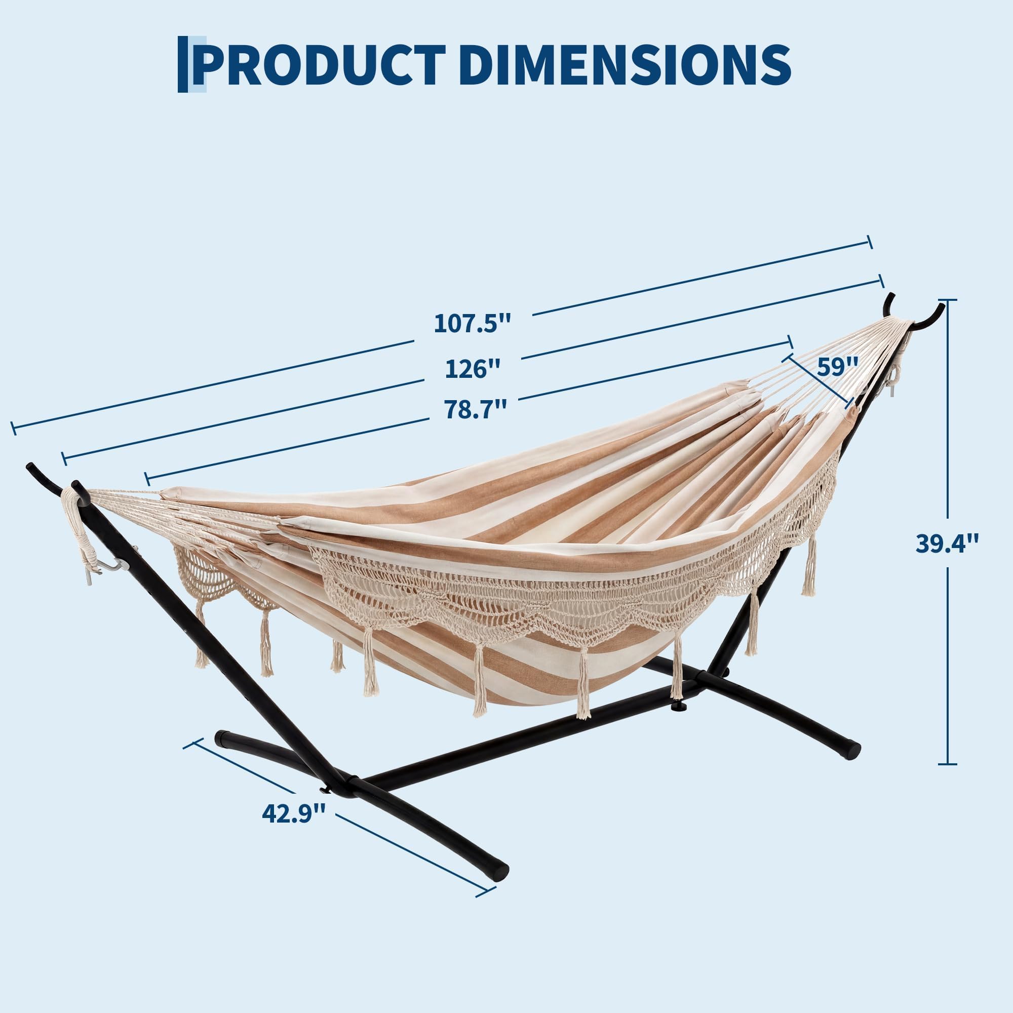 Garvee Hamaca Doble con Soporte de Acero 275cm, Cama de Algodón con Borlas Blancas, Diseño de Rayas Amarillas y Blancas, Capacidad 205kg, Hamaca Portátil y Resistente para Jardín, Terraza y Camping