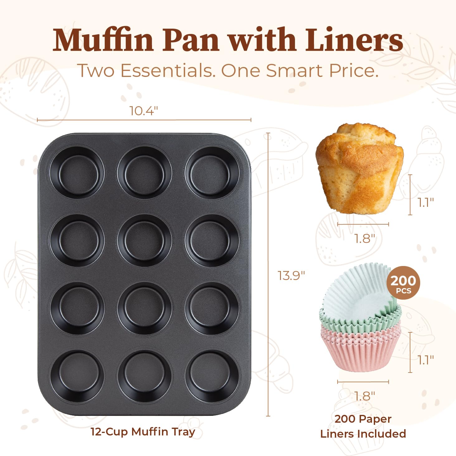 CARTMAN 1 teglia per muffin con 200 pirottini per cupcake, teglia antiaderente per 12 muffin, in acciaio al carbonio, per cuocere muffin, bocconcini di uova, brownies e altro ancora