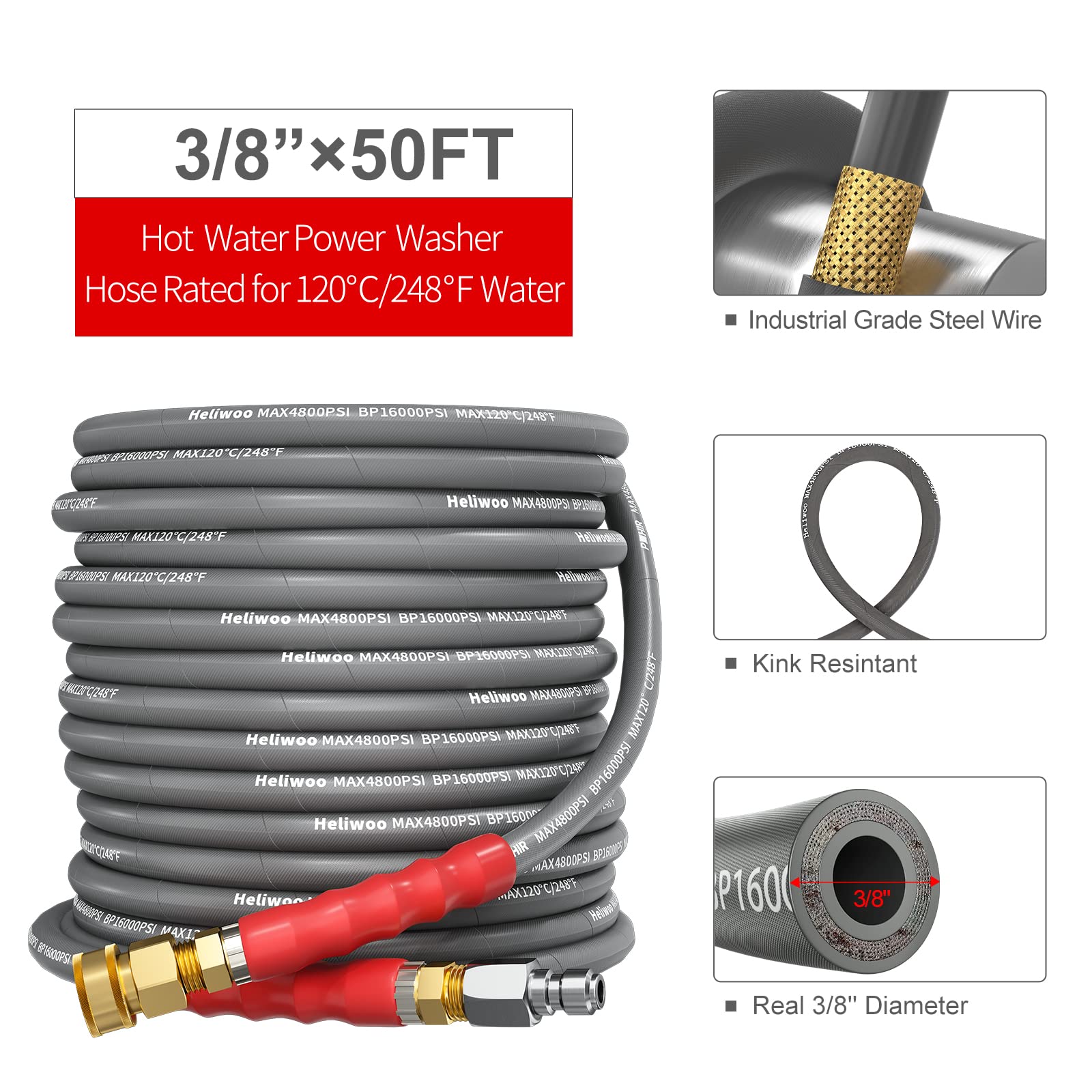 Heliwoo 3/8'' Pressure Washer Hose 50 FT, Hot and Cold Water Power Washer Hose Max 248??F, Commercial Industrial Grade Steel Wire Braided Kink Proof Extension Hose with 3/8 Quick Connect -4800 PSI