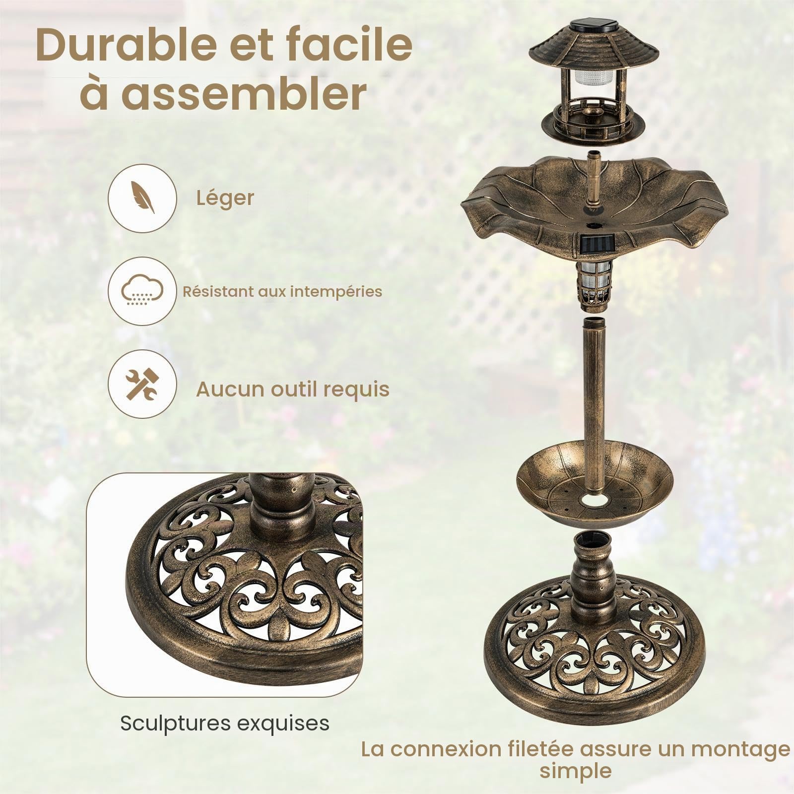 SOARS Mangeoire Oiseaux 2 Lampes à Energie Solaire Ø43 x 110H cm, Abreuvoir pour Oiseaux Sauvages Décoration pour Extérieur Style Antique Effet Bronze, Bain Oiseau pour Jardin, Balcon (Bronze Jaune) | Bain d'oiseaux antirouille avec pot de fleurs et mange