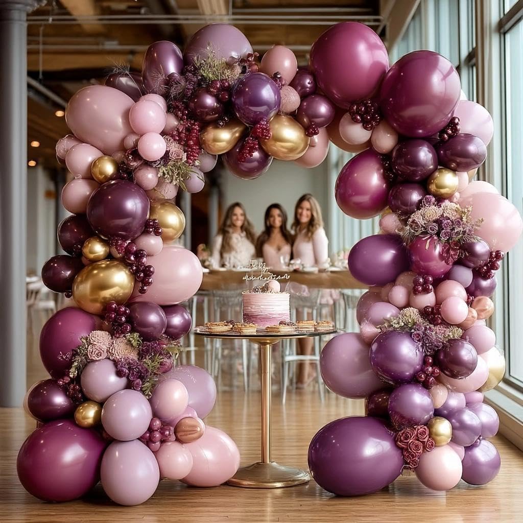 Dunkelviolette und rosa Luftballon-Girlande, doppelt gefüllt, Altrosa, Burgunderrot, Gold, Ballonbogen-Set für Geburtstag, Brautparty, Hochzeit, Valentinstag, Party-Dekorationen