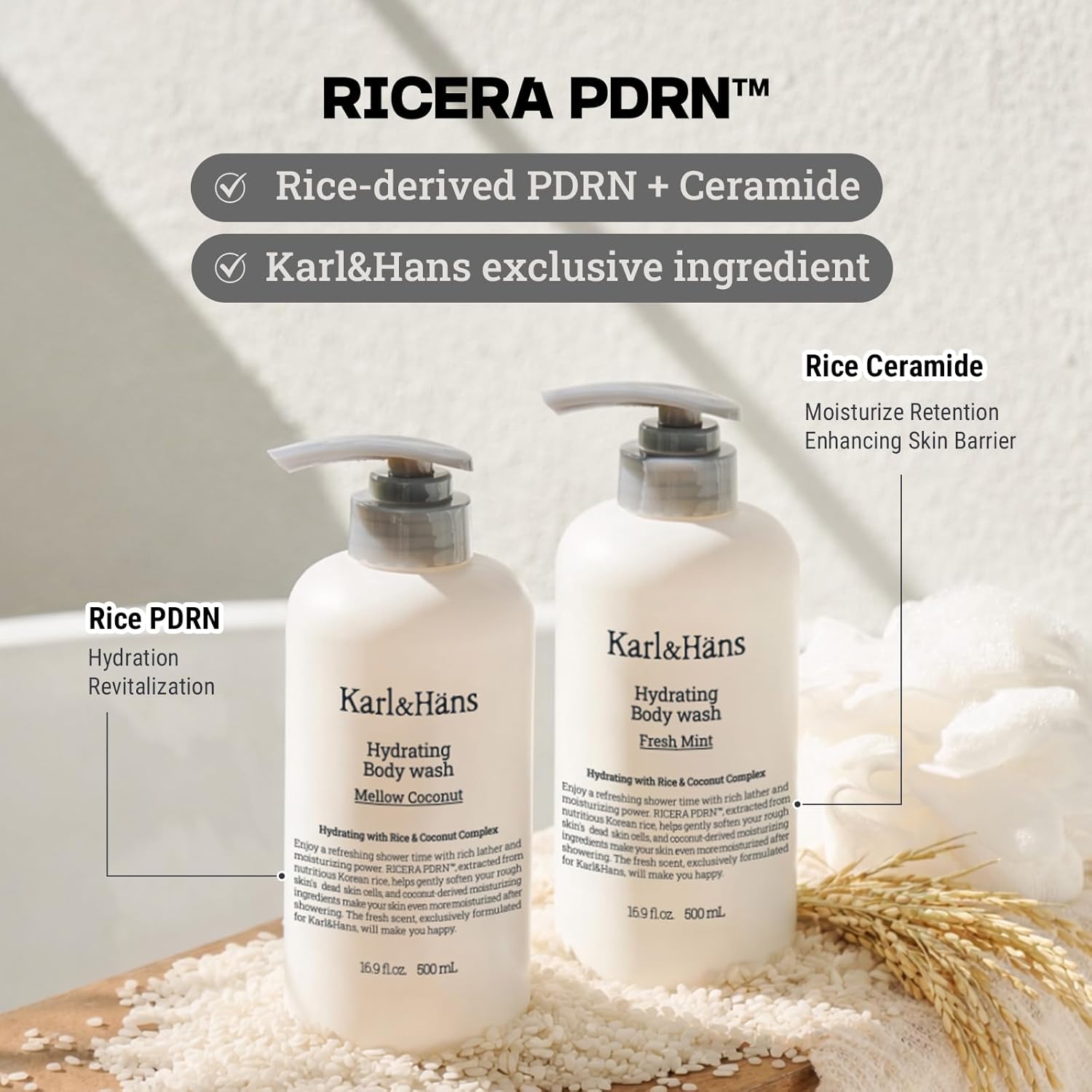 Karl&Hans Hydrating Body Wash, Korean Rice-Derived PDRN & Ceramide, Refreshing Cleanser, Skin Barrier Support, Non-Drying, with Coconut-Derived Moisturizers, 16.9 fl oz (Pack of 2, Fresh Mint)