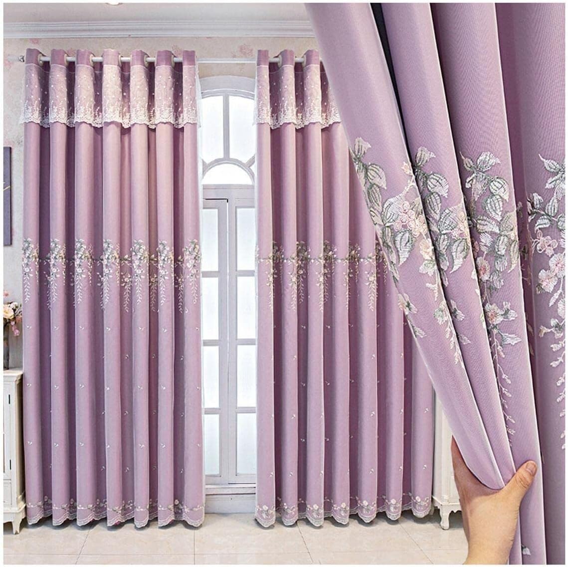 Rideaux occultants haut de gamme double couche &agrave; motif de dentelle violet noble