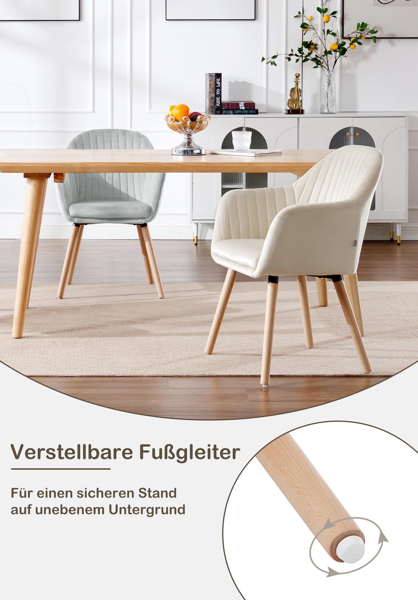 WOLTU Esszimmerstühle 4er Set, für Schlafzimmer Küche Wohnzimmer, Küchenstühle gepolstert mit Armlehne, aus Samt Massivholz, Cremeweiß