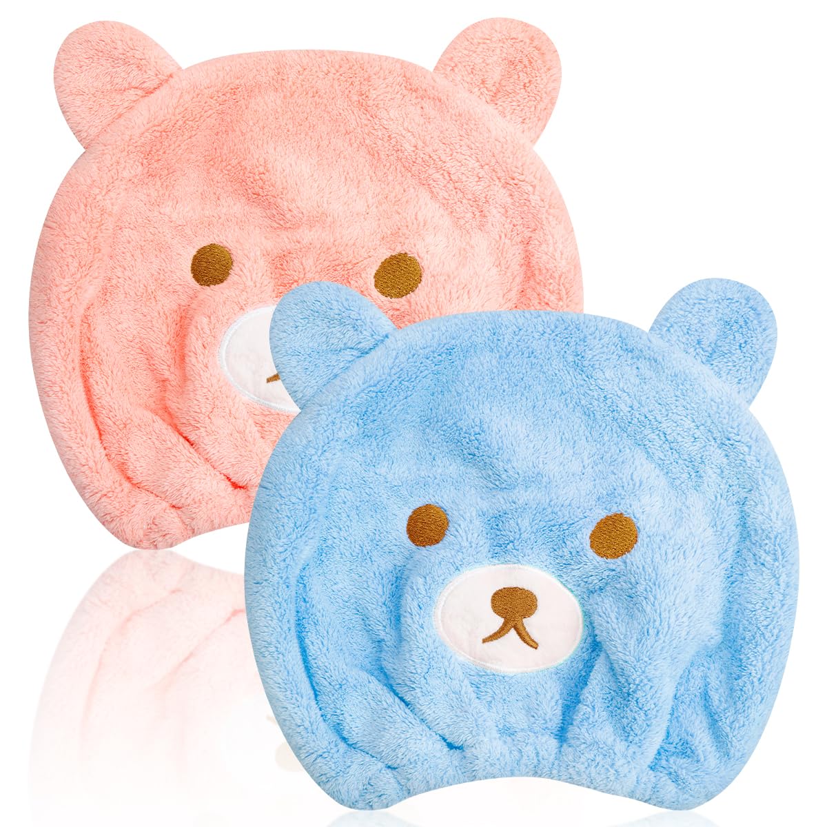 Gladfresit Girls Pink, Blue 2Pcs Ultra Absorbent Bath Caps, Cute Bear Hair Drying Wrap Towel For Kids, Velvet Quick Dry Head Towel Cap For Shower Spa (Pink, Blue)