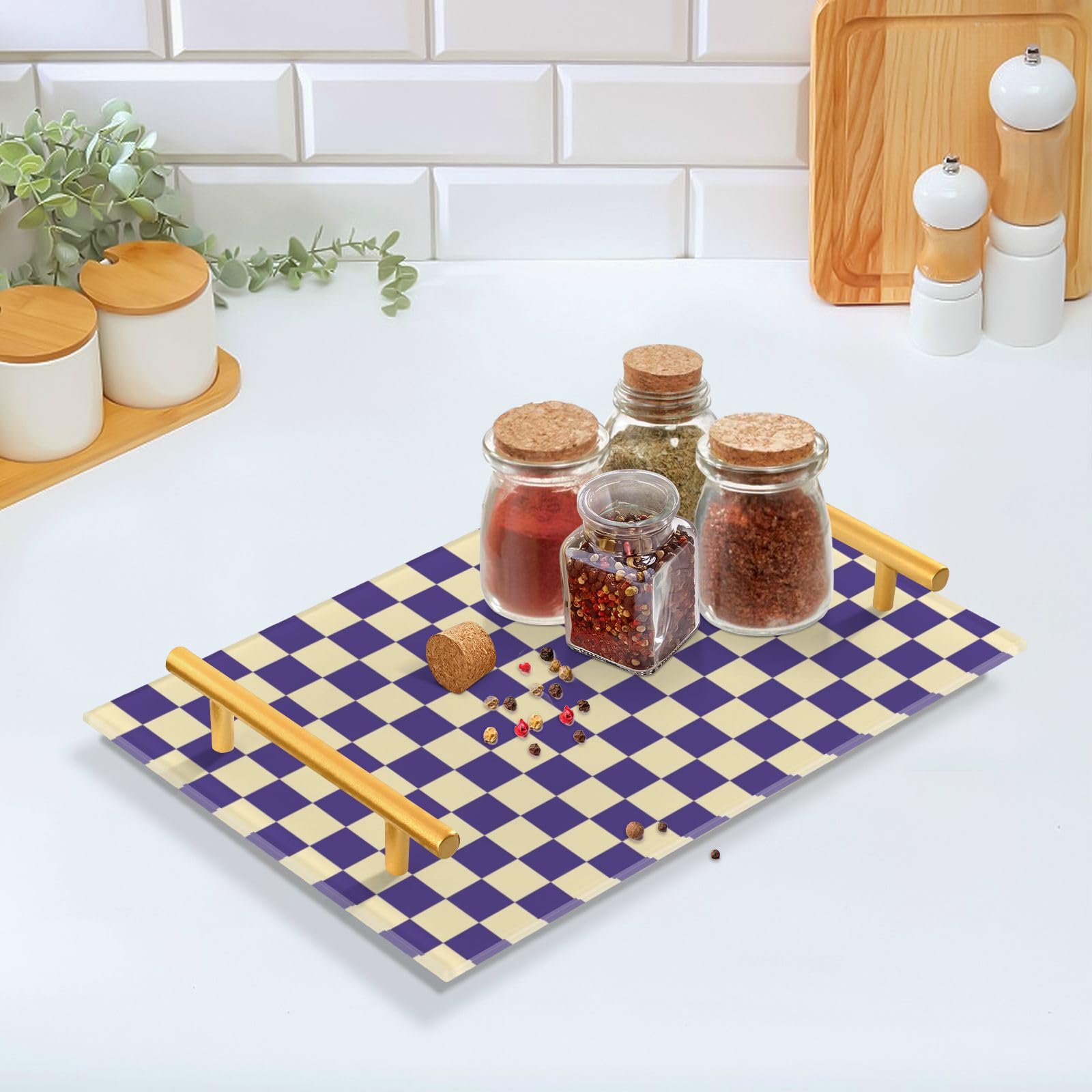 Vassoio per la colazione a scacchi viola e bianco con manici, vassoio da portata per gioielli, profumi, decorazioni per la casa, divano, versatile Bandeja para Desayuno