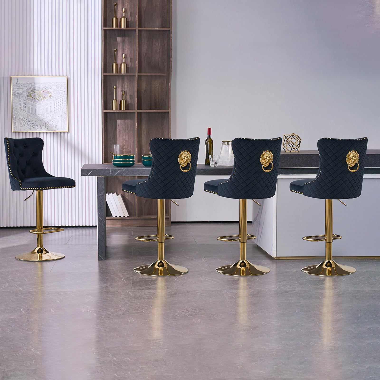 KHISCHMO Set of 2 Luxury Velvet Bar Stools, 360° Swivel Adjustable Counter Height Chairs with Lion Knocker, Gold Metal Base, Upholstered Breakfast Stools for Kitchen Island Bar, Golden Black — image 1