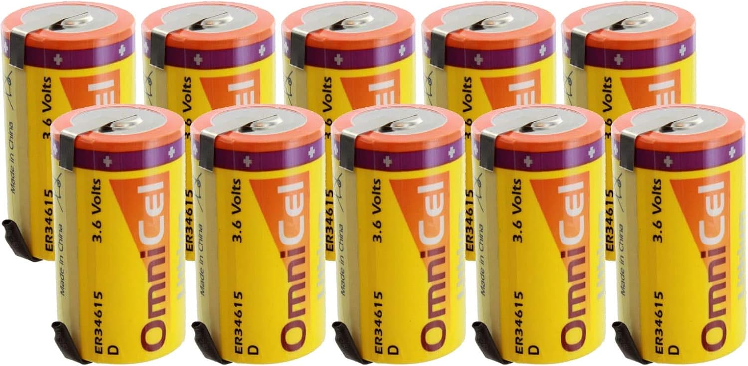 10x OmniCel ER34615 3.6 Volt 19 Ah D High Energy Lithium Battery with Tabs For Signal lamp, Computer RAM, CMOS Circuit memory, Radiocommunication, Earthquake tester, Numerical Control Tool, Taximeter