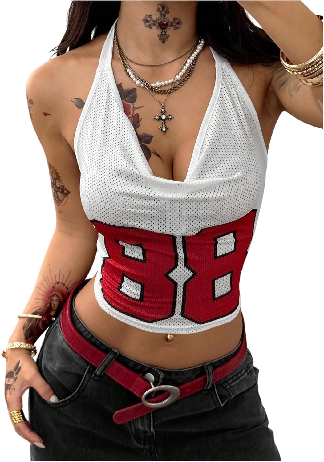 MakeMeChic Women's Jersey Shirts Halter Crop Tops Mesh Cowl Neck Number Print Backless Tank Top